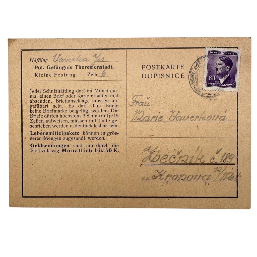 Original 1944 Theresienstadt Gestapo prison postcard from the Small Fortress. Rare Holocaust document with Hitler postage stamp.