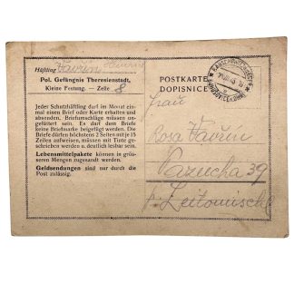 Original WWII Theresienstadt Gestapo prison prisoner postcard Holocaust Small Fortress Heinrich Taurin original prisoner mail 1943.