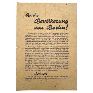 Original WWII Soviet Russian Battle of Berlin propaganda leaflet to the population of Berlin dated 27 April 1945.
