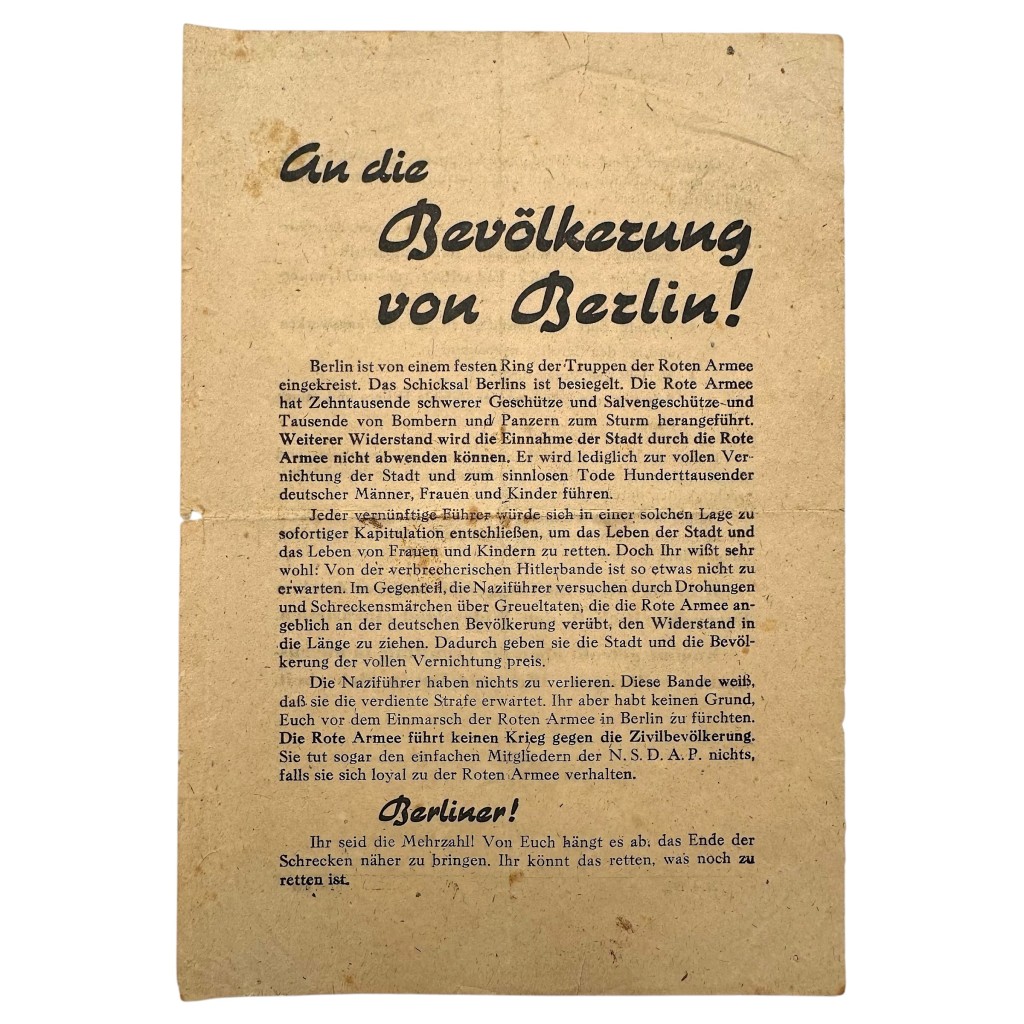 Original WWII Soviet Russian Battle of Berlin propaganda leaflet to the population of Berlin dated 27 April 1945.