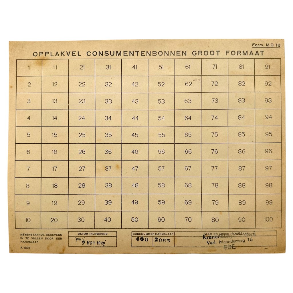 Origineel Nederlands distributie opplakvel consumentenbonnen 1942 Form MD18 Kranenburg's Bakkerij Ede Tweede Wereldoorlog.