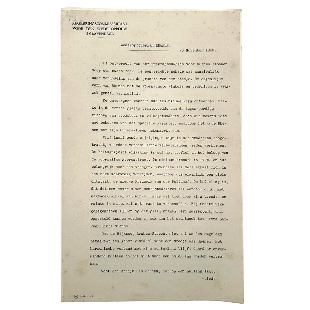 Origineel Nederlands WWII wederopbouwplan Rhenen 20 november 1940 Regeringscommissariaat voor den Wederopbouw document Tweede Wereldoorlog.