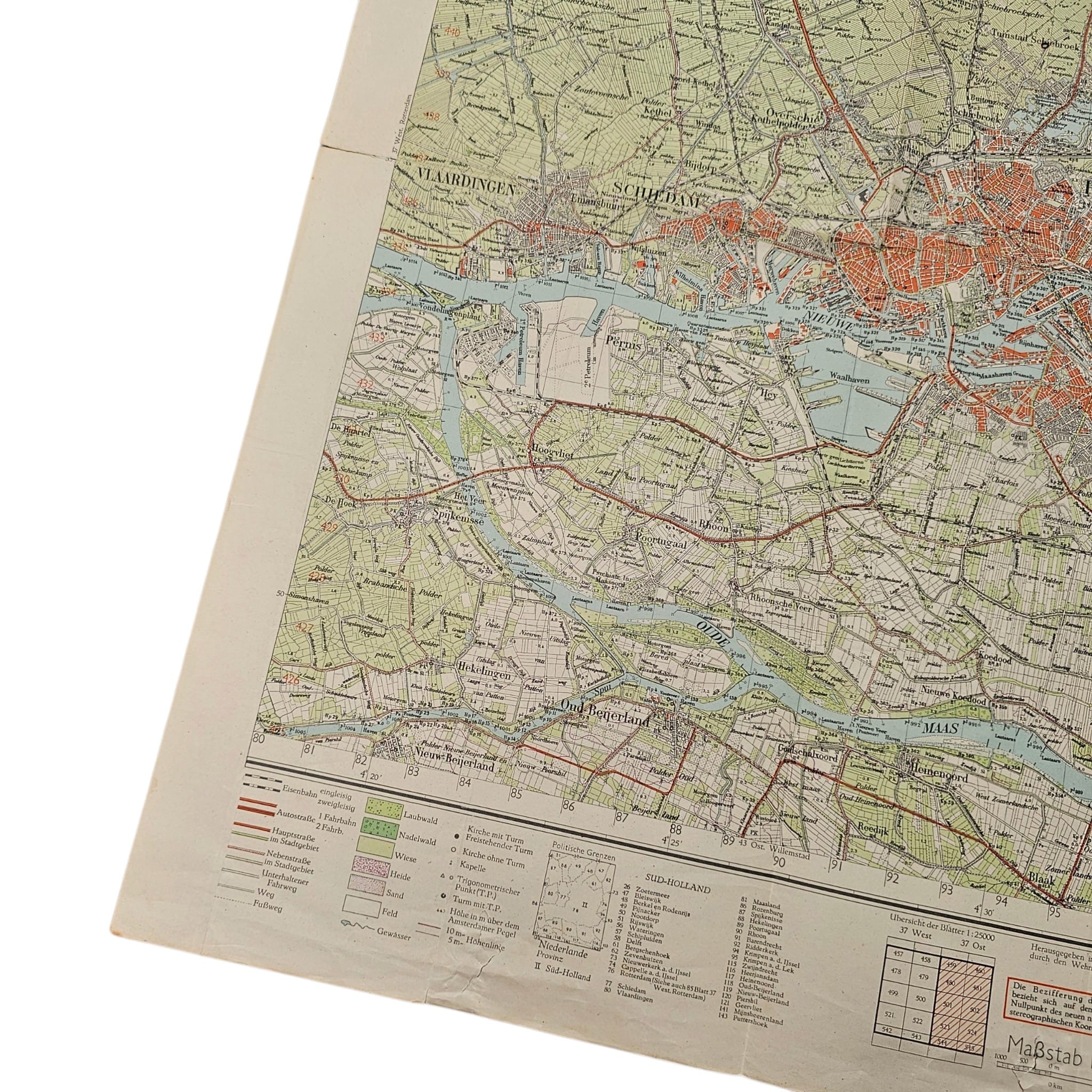 Original WWII German Military Staff Map Rotterdam and Delft – Sonderausgabe 1941 – 37 Ost Rotterdam - Afbeelding 6