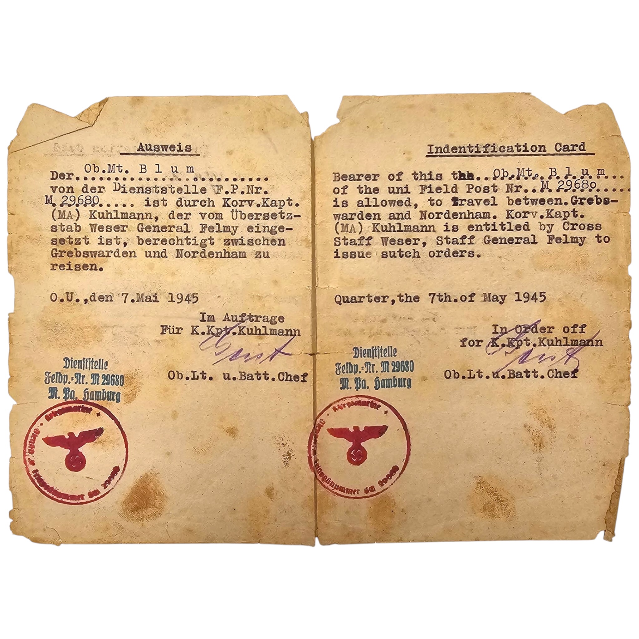 Original WWII German Kriegsmarine Blum Family Grouping – May 1945 ID Card & POW Documents - Afbeelding 5