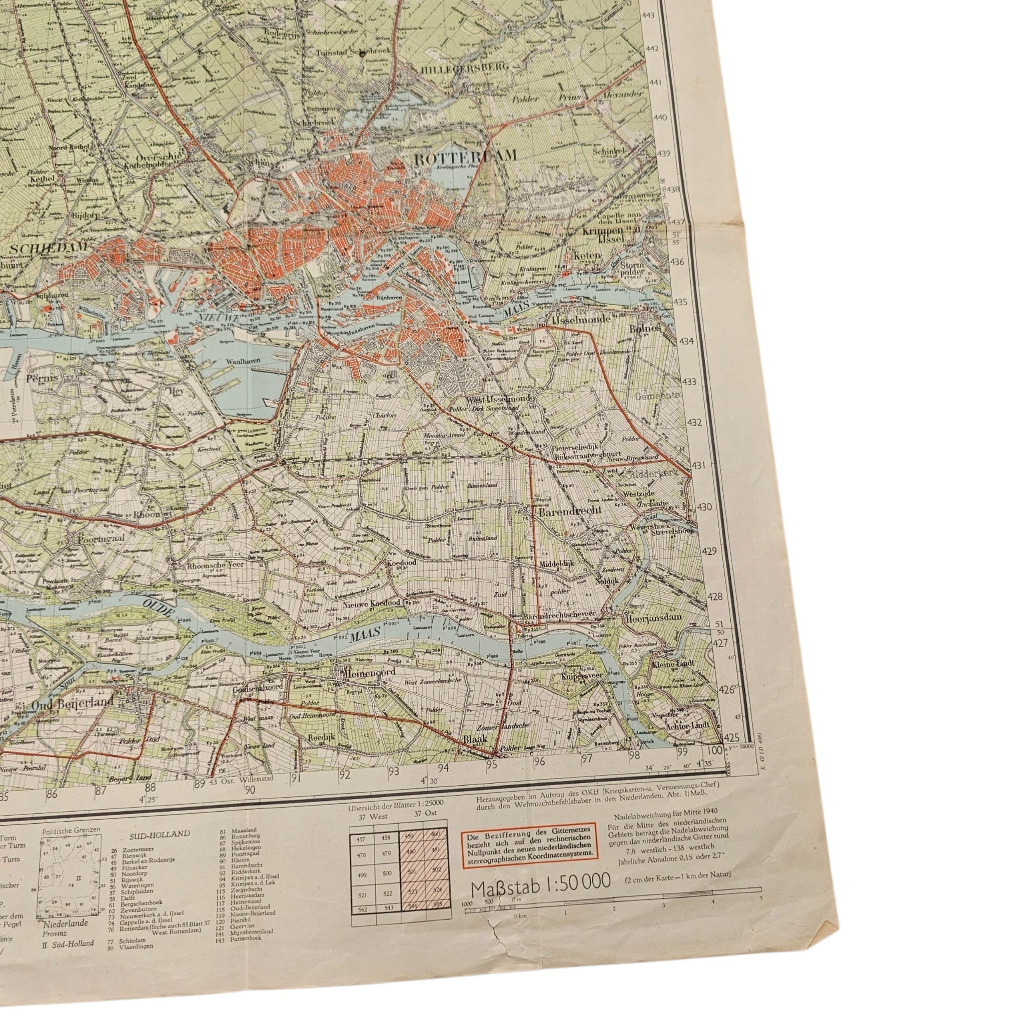 Original WWII German Military Staff Map Rotterdam and Delft – Sonderausgabe 1941 – 37 Ost Rotterdam - Afbeelding 4