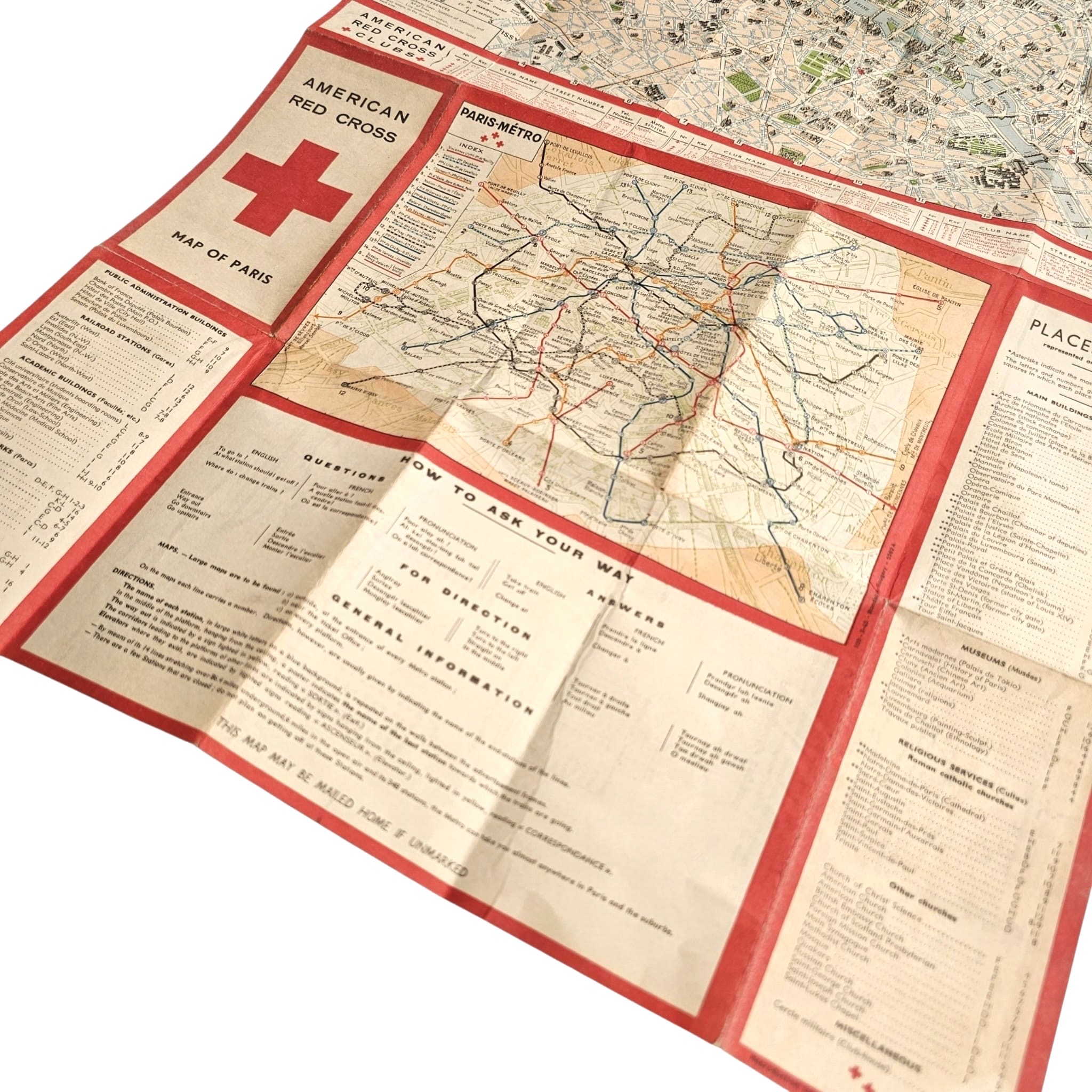Original January 1945 WWII American Red Cross Map of Paris – US Servicemen Guide & Paris Métro