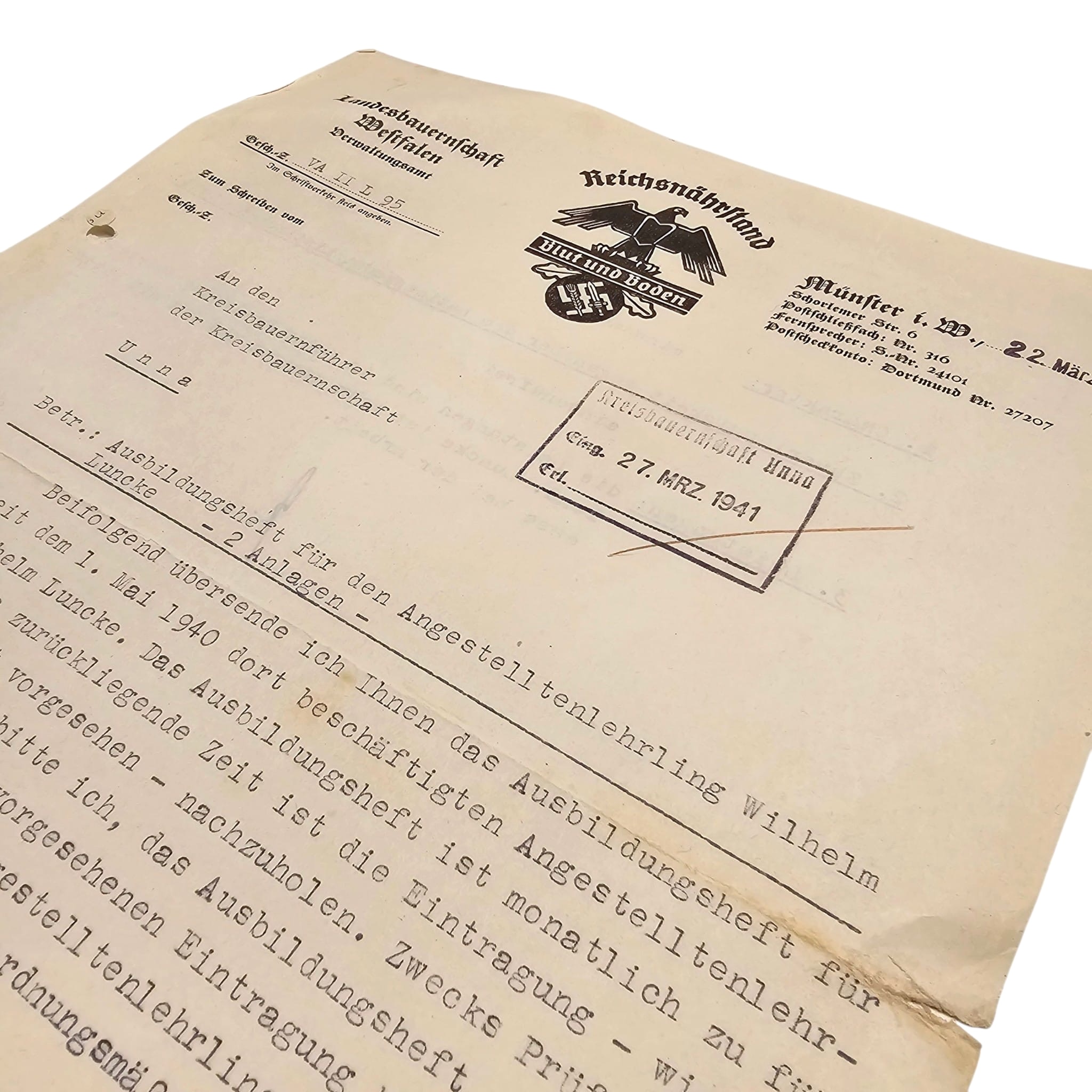 Original WWII German Reichsnährstand Landesbauernschaft Westfalen Document Wilhelm Luncke 1941