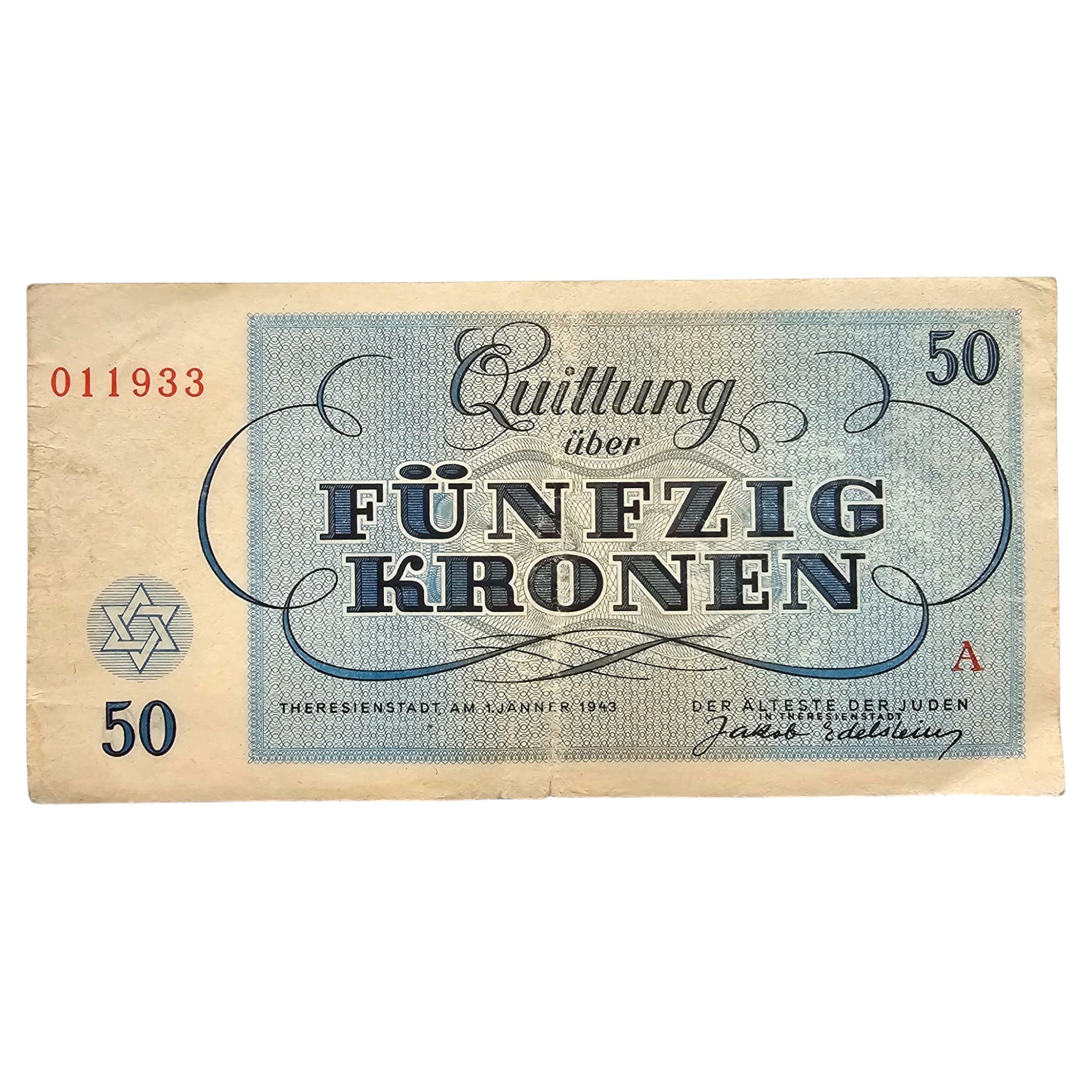 Original WWII German Jewish Ghetto/Camp Theresienstadt 50 Kronen banknote