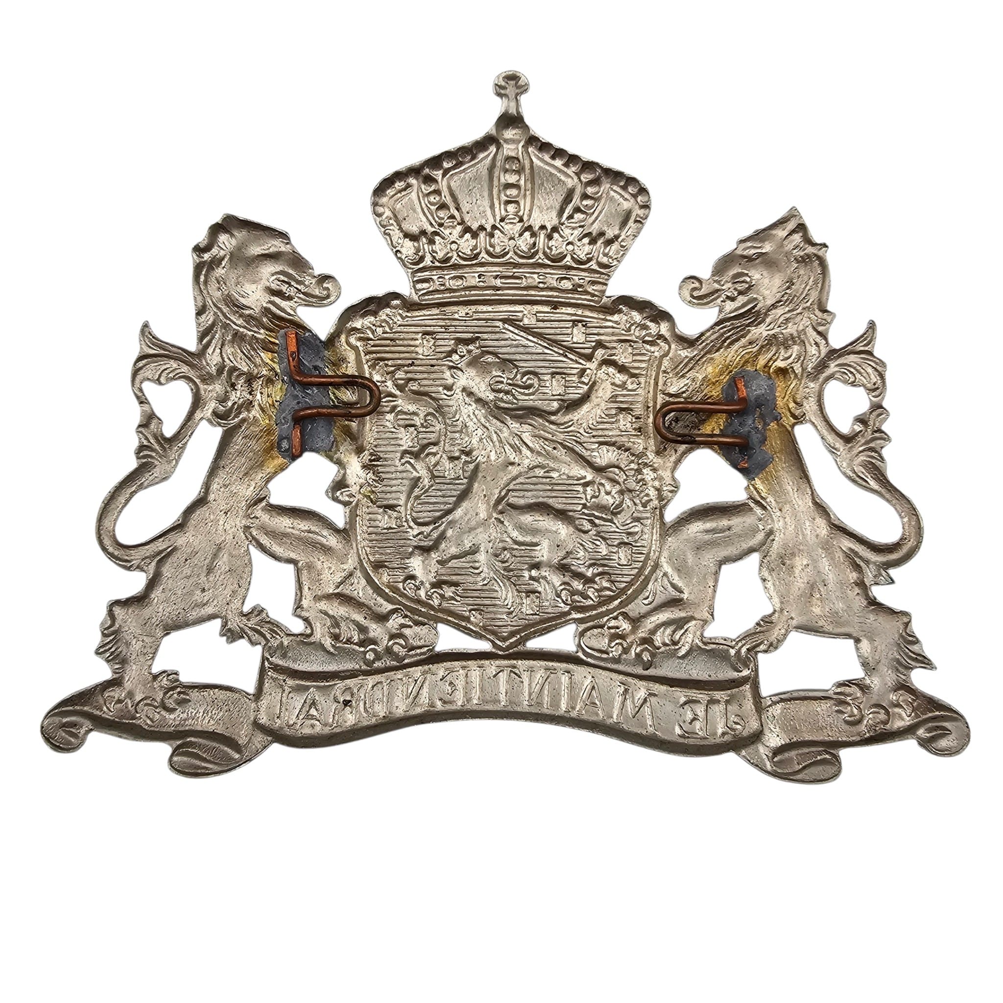 Original Dutch Korps Rijksveldwacht Helmet Plate Model 1923-1941 White Metal Royal Coat of Arms 1907