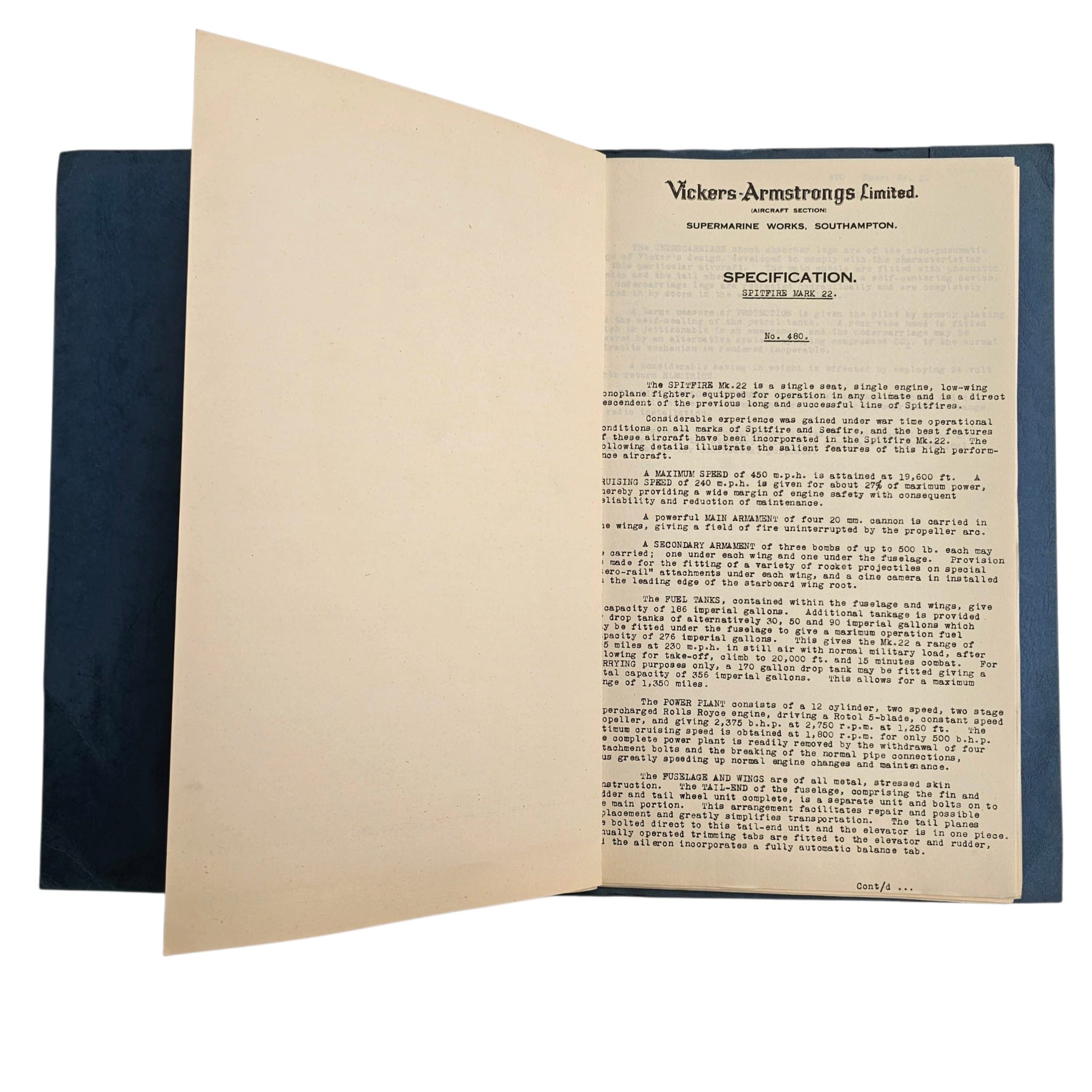 Original 1940s Vickers-Armstrongs Supermarine Spitfire Mk.22 Factory Specification No. 480 with Photographs
