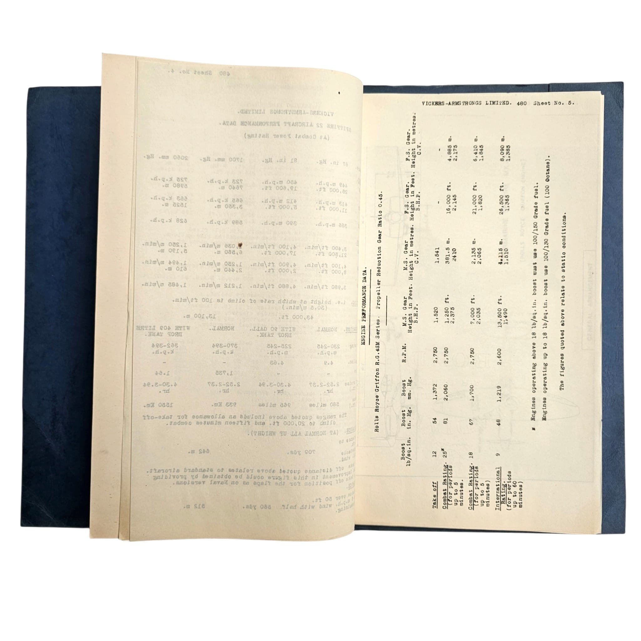 Original 1940s Vickers-Armstrongs Supermarine Spitfire Mk.22 Factory Specification No. 480 with Photographs