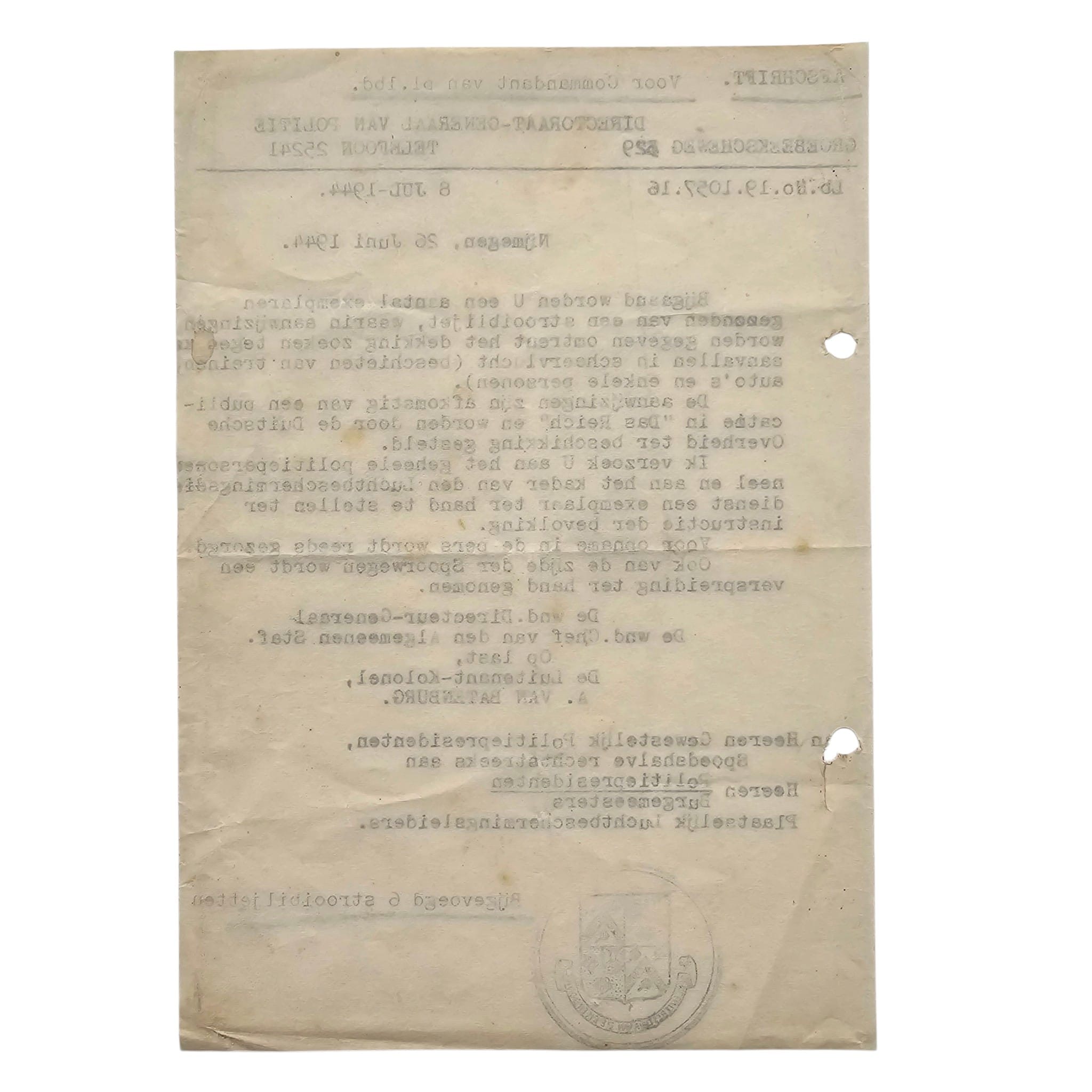 Original WWII Dutch Police Letter Regarding Propaganda Leaflets Nijmegen 1944 - Afbeelding 2