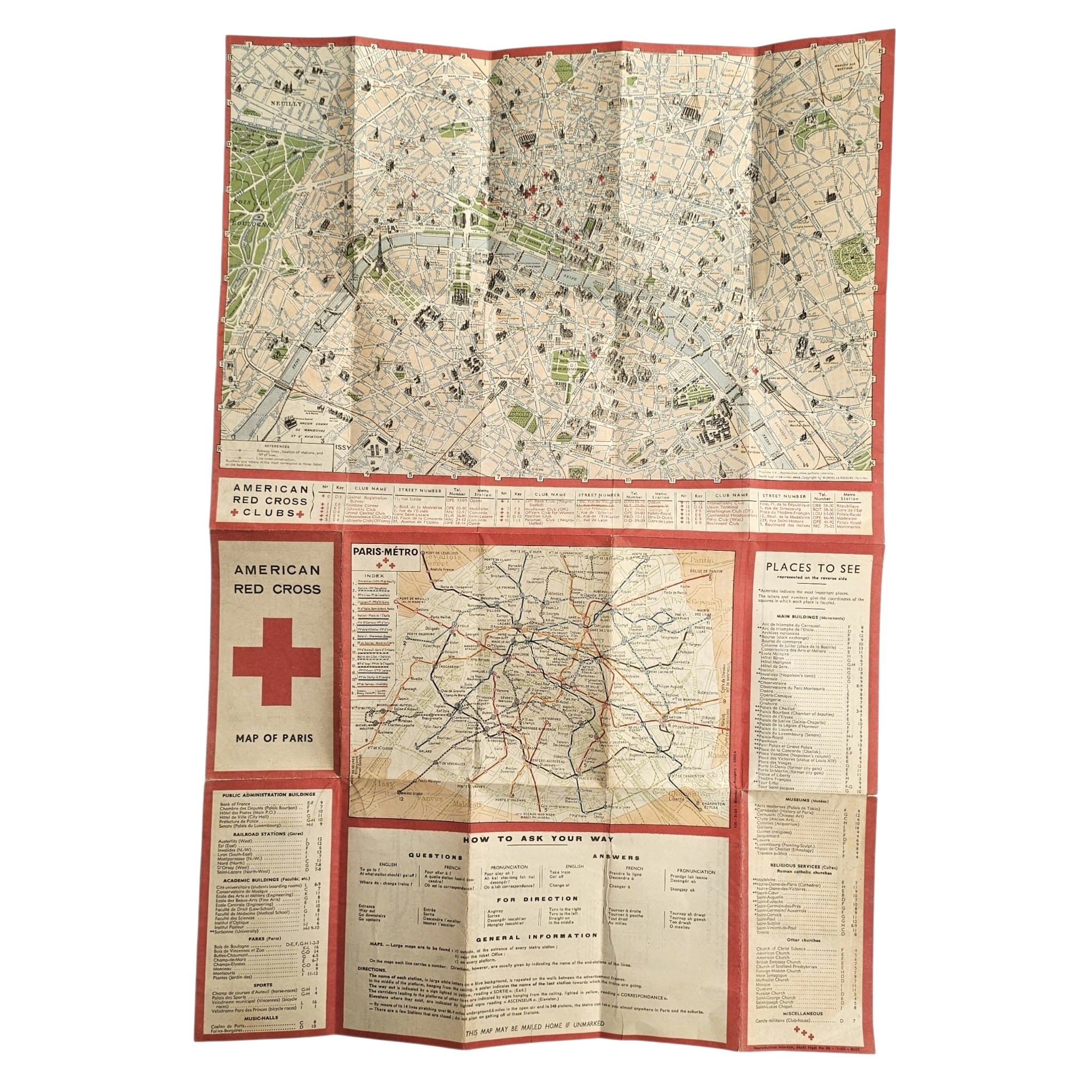 Original January 1945 WWII American Red Cross Map of Paris – US Servicemen Guide & Paris Métro