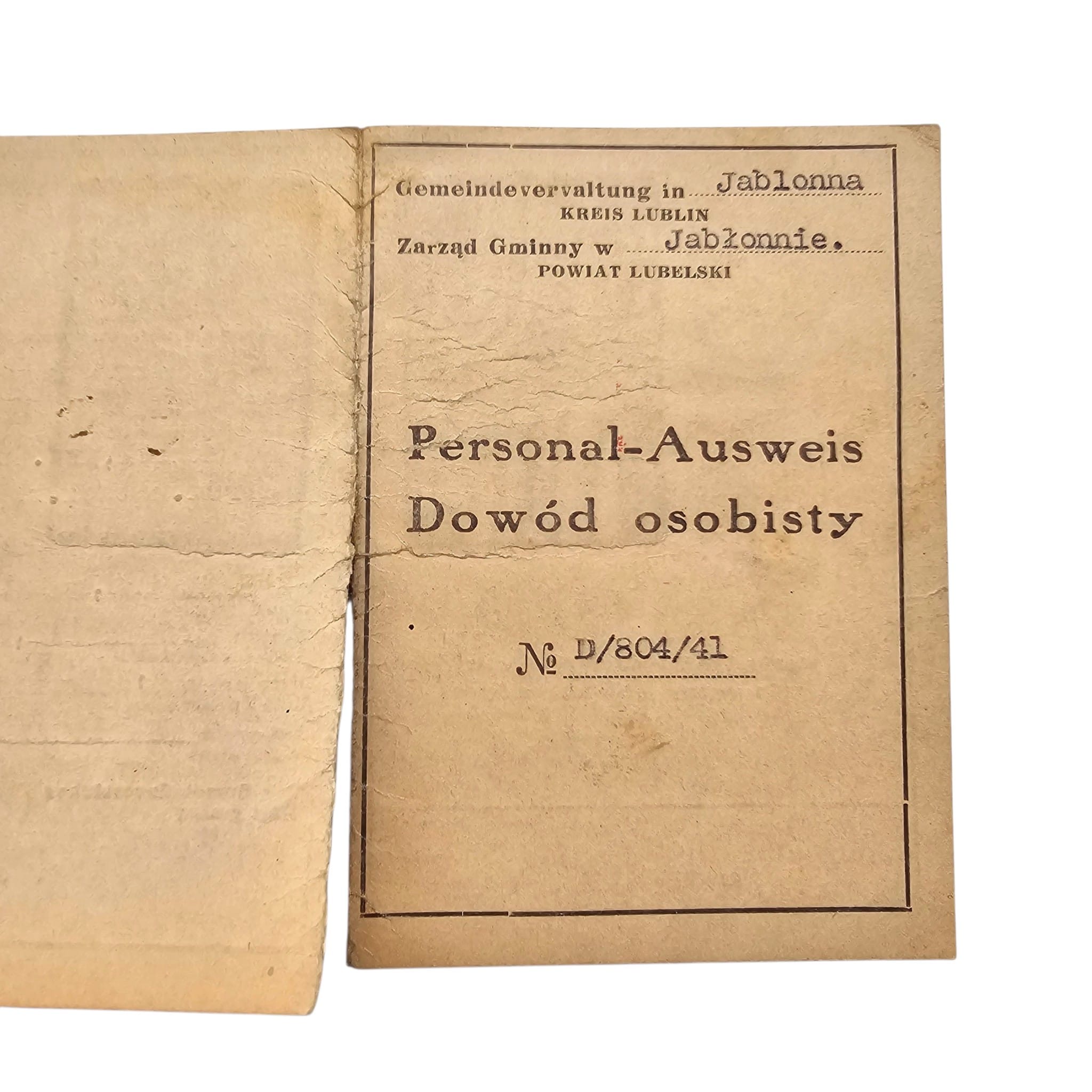 Original WWII German Personal-Ausweis 1941 – Gemeinde Jabłonna Kreis Lublin Occupied Poland - Afbeelding 3