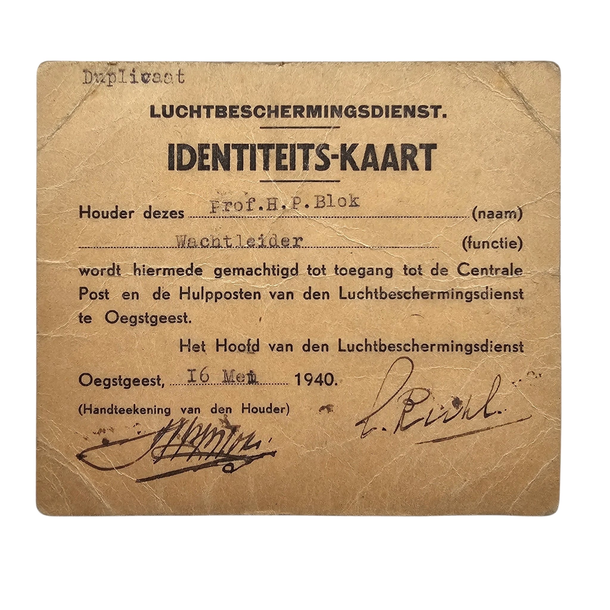 Original WWII Dutch Air Raid Protection Service Documents & ID Card Oegstgeest 1940 – Prof. H.P. Blok
