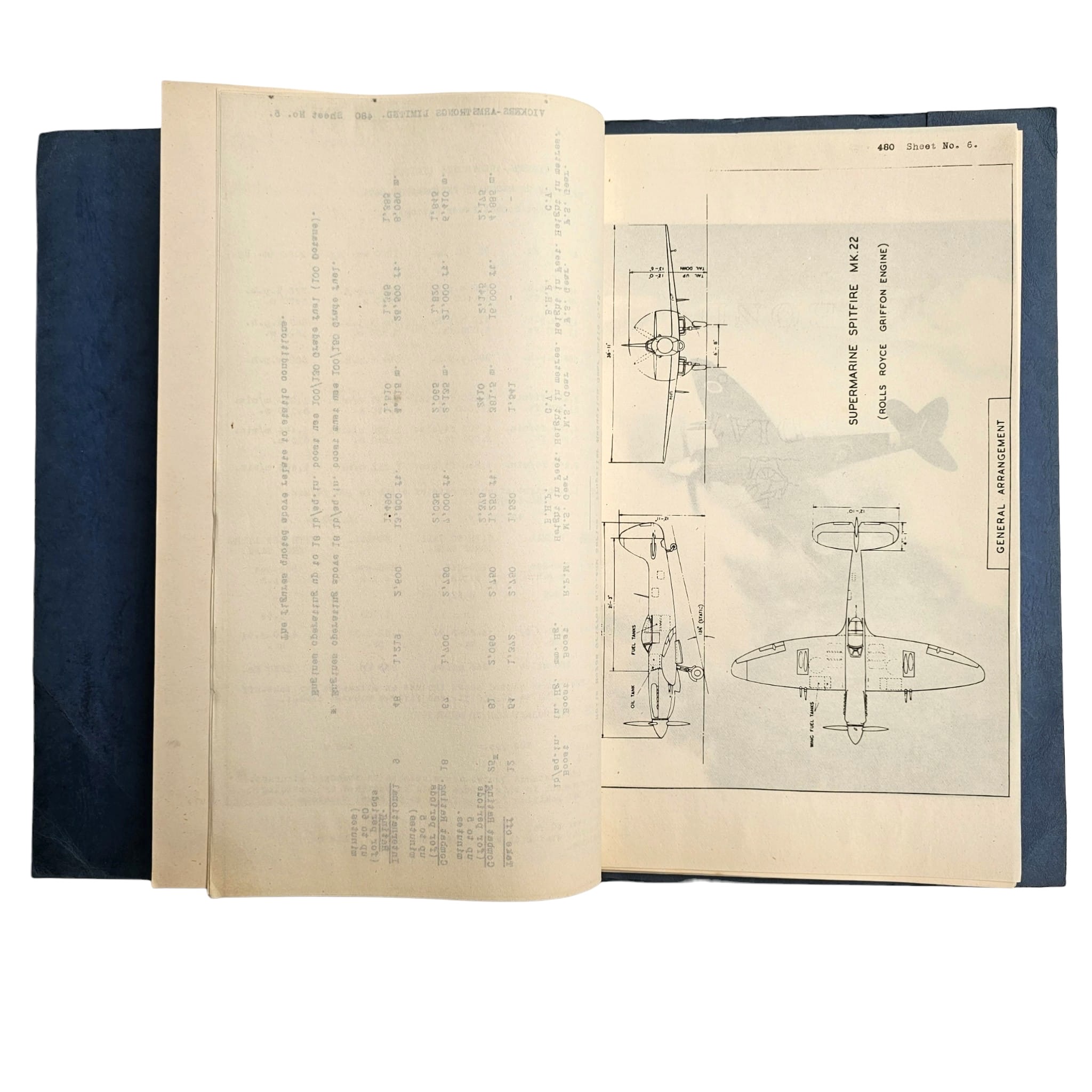 Original 1940s Vickers-Armstrongs Supermarine Spitfire Mk.22 Factory Specification No. 480 with Photographs
