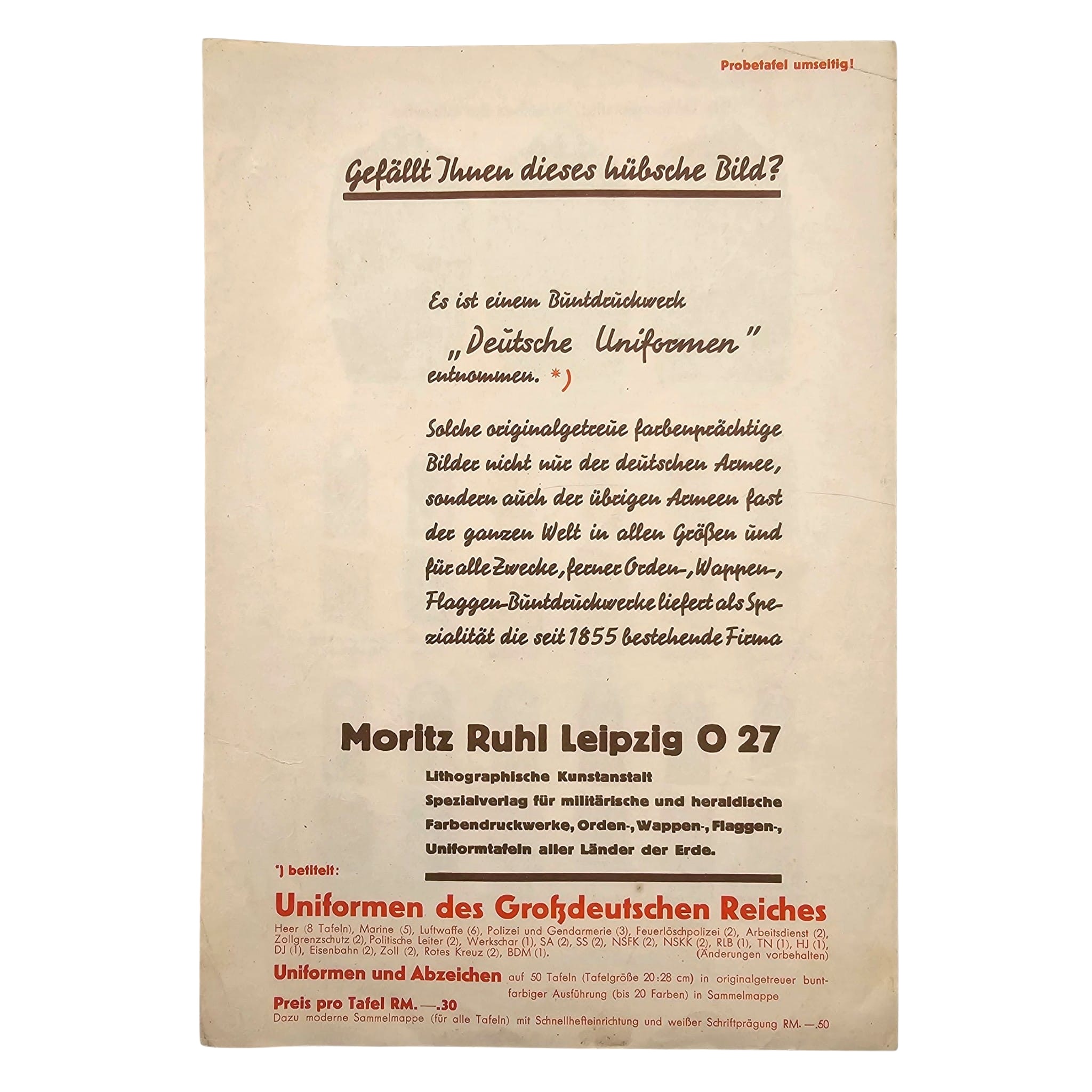 Original WWII German Luftwaffe Uniform and Insignia Chart by Moritz Ruhl Leipzig