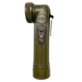 Original WWII U.S. Army TL-122-B olive drab right-angle military flashlight with metal belt clip, glass lens and original switch assembly.