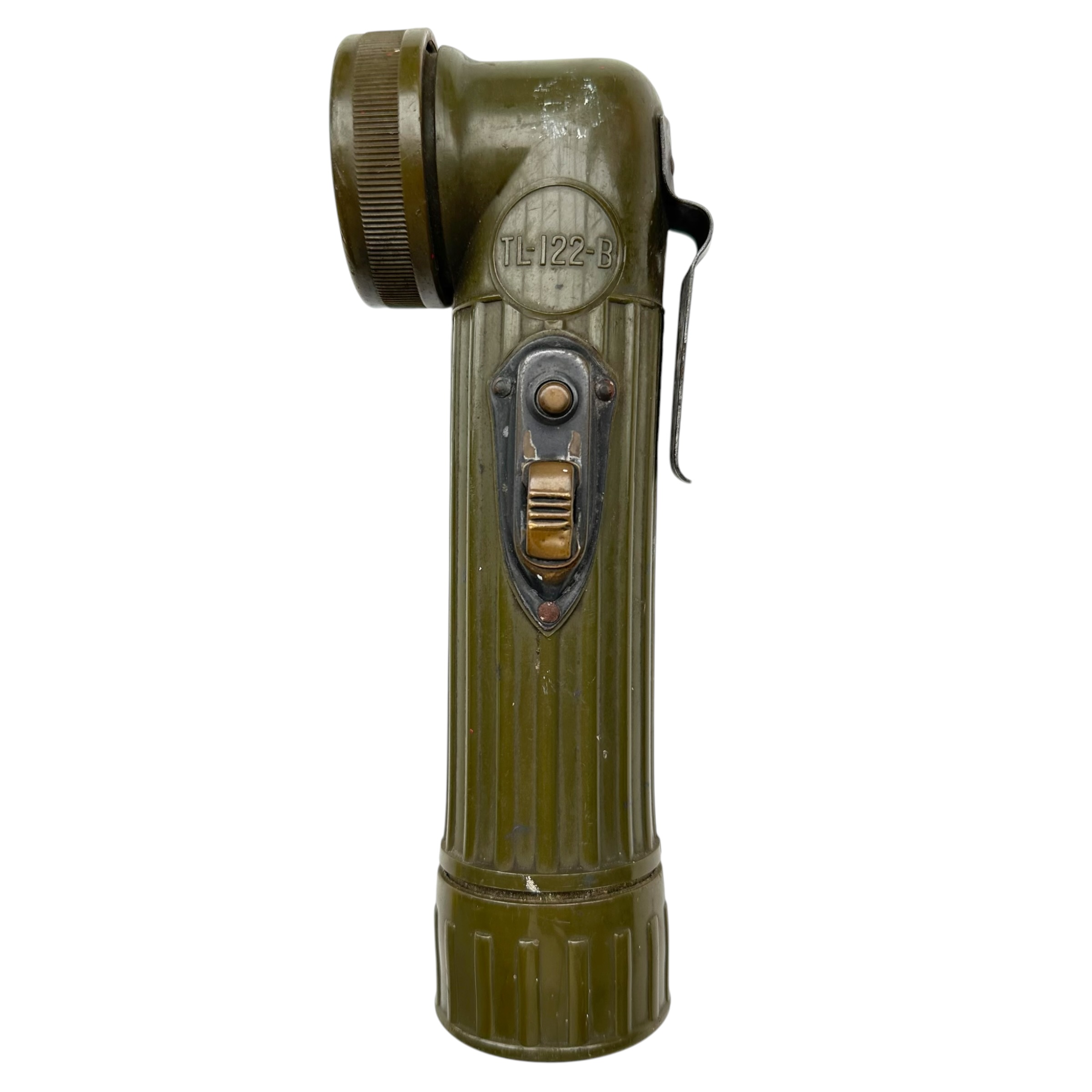 Original WWII U.S. Army TL-122-B olive drab right-angle military flashlight with metal belt clip, glass lens and original switch assembly.