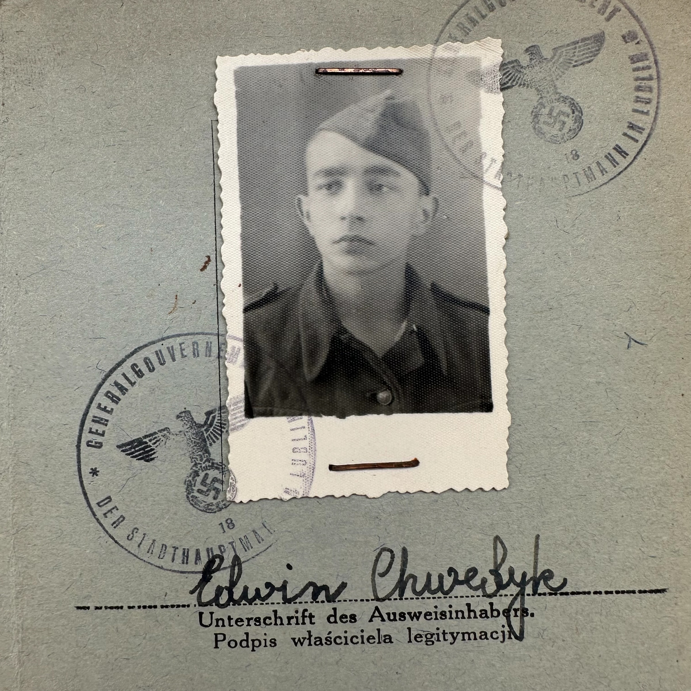 Original WWII German Polnischer Baudienst Generalgouvernement Ausweis Lublin 1942 – Edwin Chwedyk
