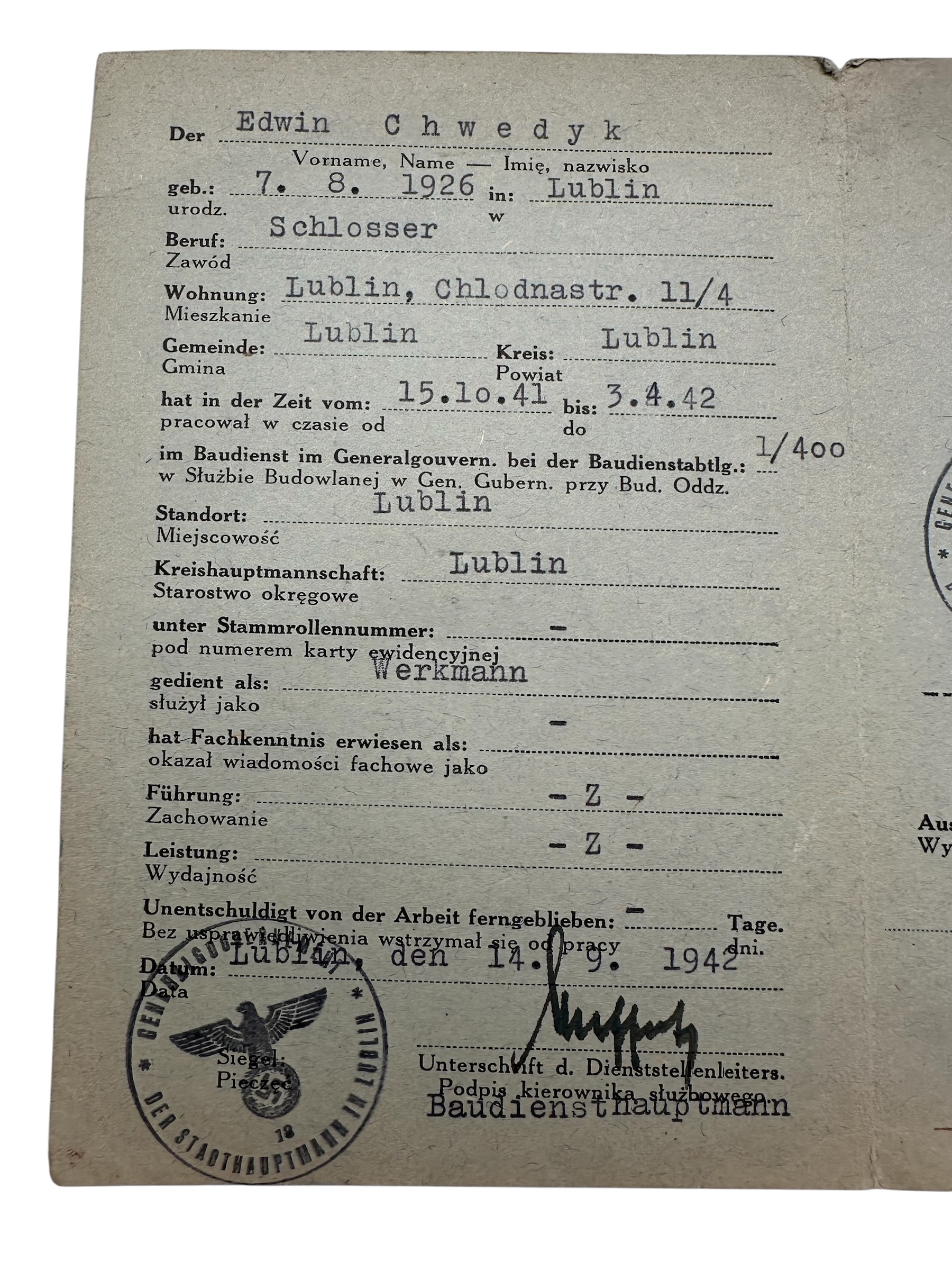 Original WWII German Polnischer Baudienst Generalgouvernement Ausweis Lublin 1942 – Edwin Chwedyk