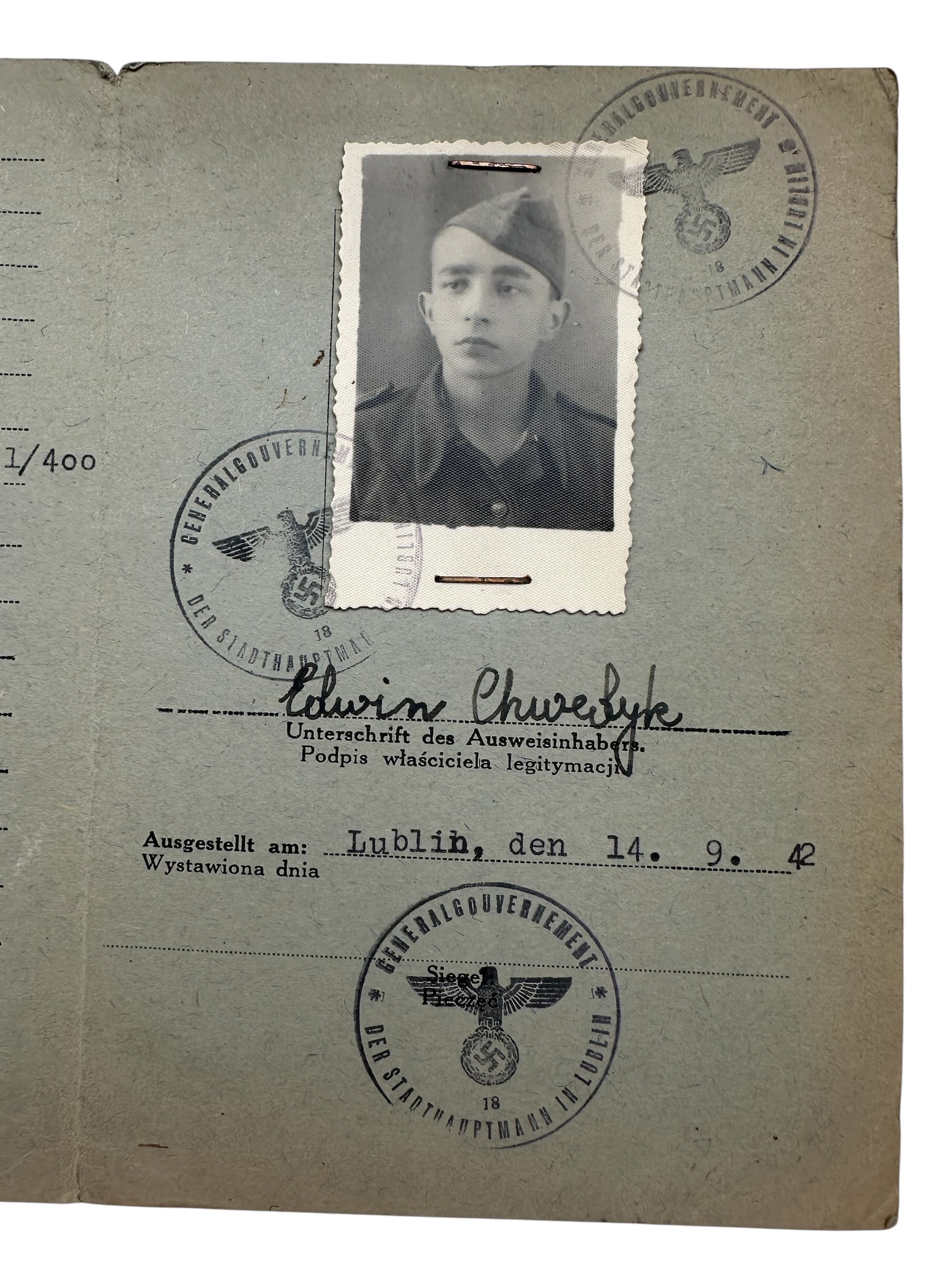Original WWII German Polnischer Baudienst Generalgouvernement Ausweis Lublin 1942 – Edwin Chwedyk