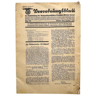 Original 1936 German NSDAP Verordnungsblatt Reichsleitung issue 135 Munich with eagle swastika party orders and Adolf Hitler reference.