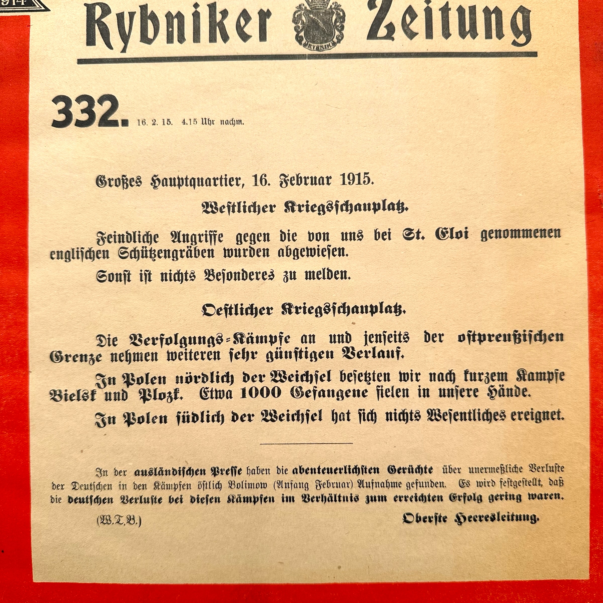 Original WW1 German Rybniker Zeitung Army War Bulletin Poster No. 332 – 16 February 1915