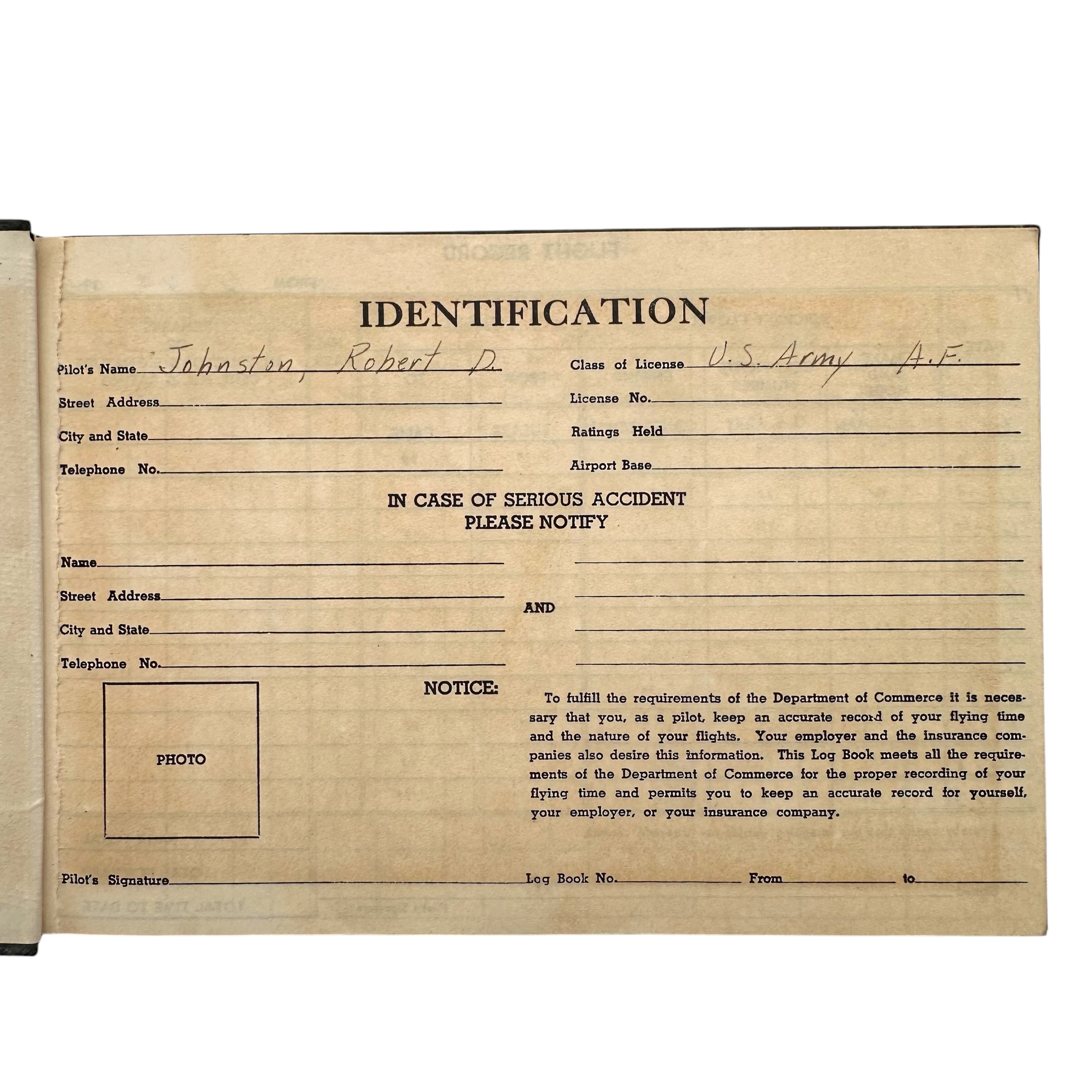 Original WWII USAAF Pilot Robert D. Johnston Flight Log Book 1942-1943 – Stearman, AT-6 & B-17G