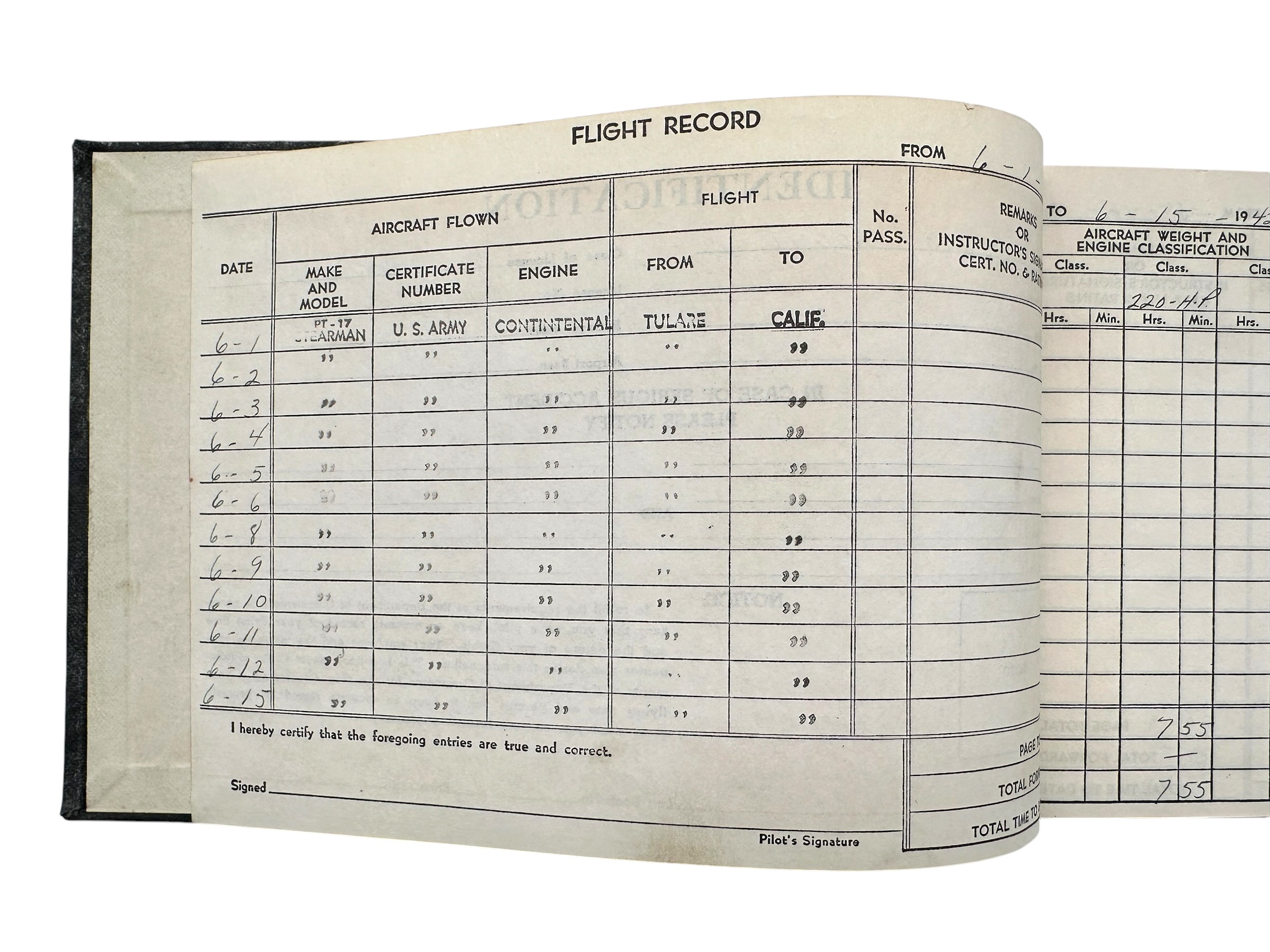 Original WWII USAAF Pilot Robert D. Johnston Flight Log Book 1942-1943 – Stearman, AT-6 & B-17G - Afbeelding 3