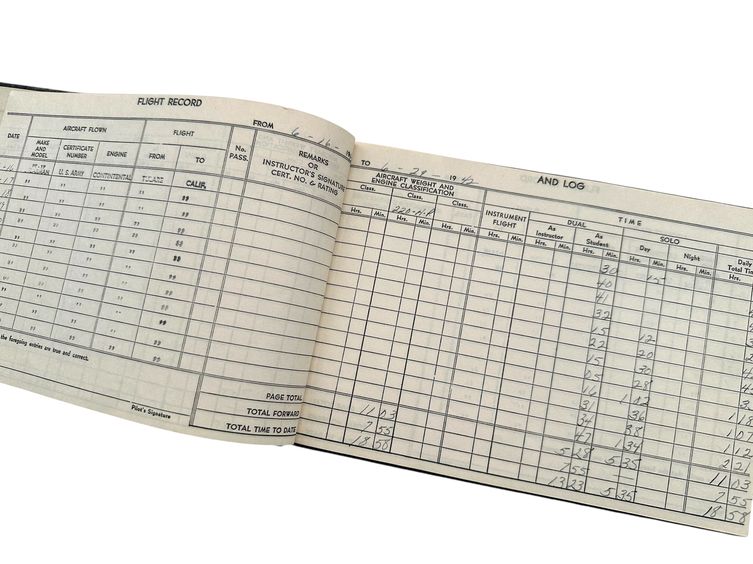 Original WWII USAAF Pilot Robert D. Johnston Flight Log Book 1942-1943 – Stearman, AT-6 & B-17G - Afbeelding 7