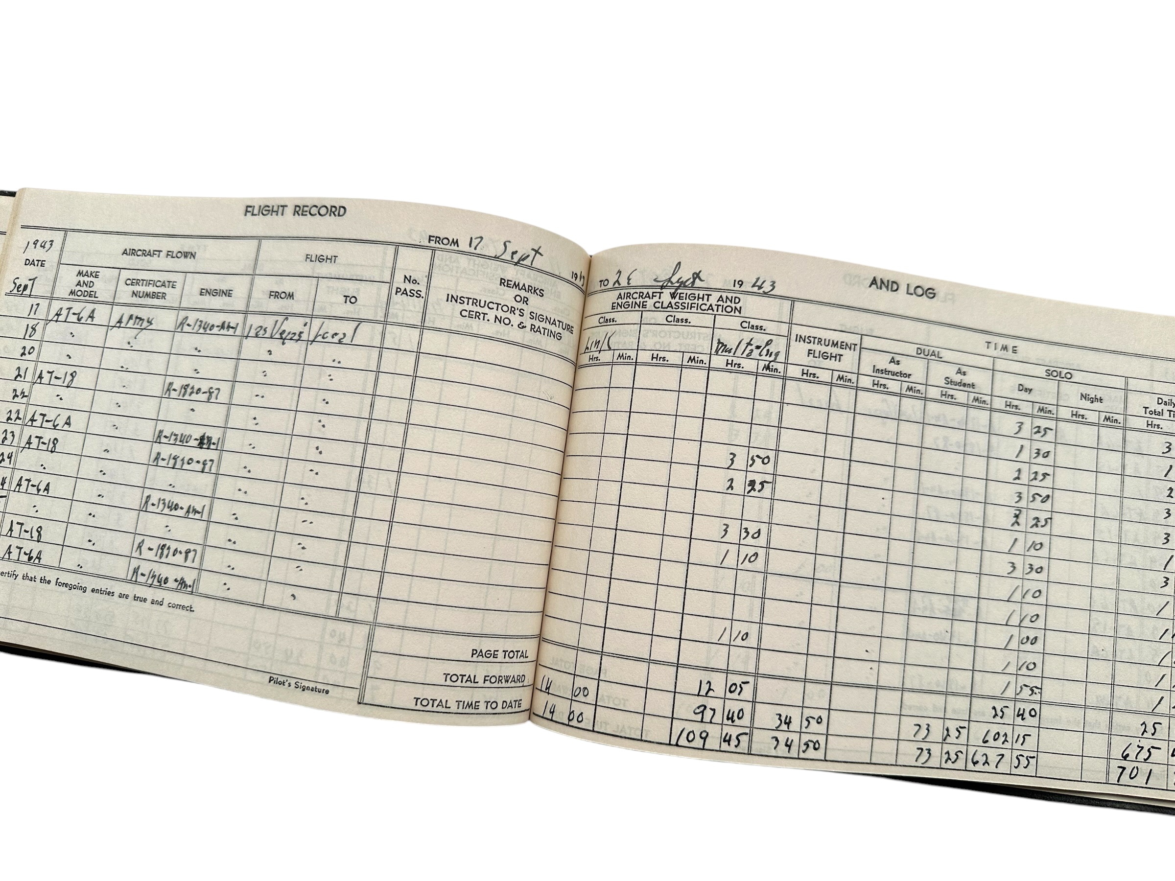 Original WWII USAAF Pilot Robert D. Johnston Flight Log Book 1942-1943 – Stearman, AT-6 & B-17G - Afbeelding 8