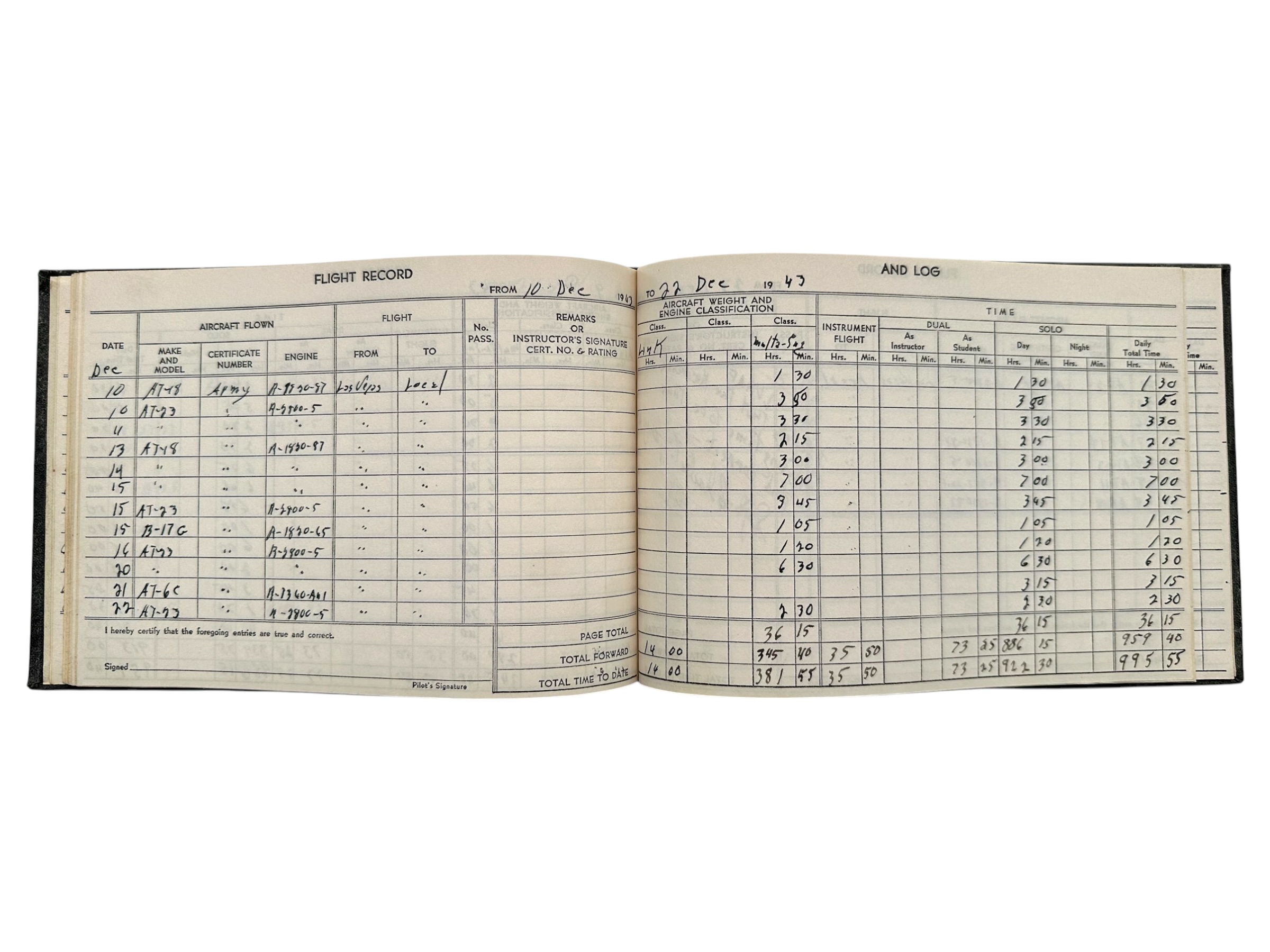 Original WWII USAAF Pilot Robert D. Johnston Flight Log Book 1942-1943 – Stearman, AT-6 & B-17G - Afbeelding 5