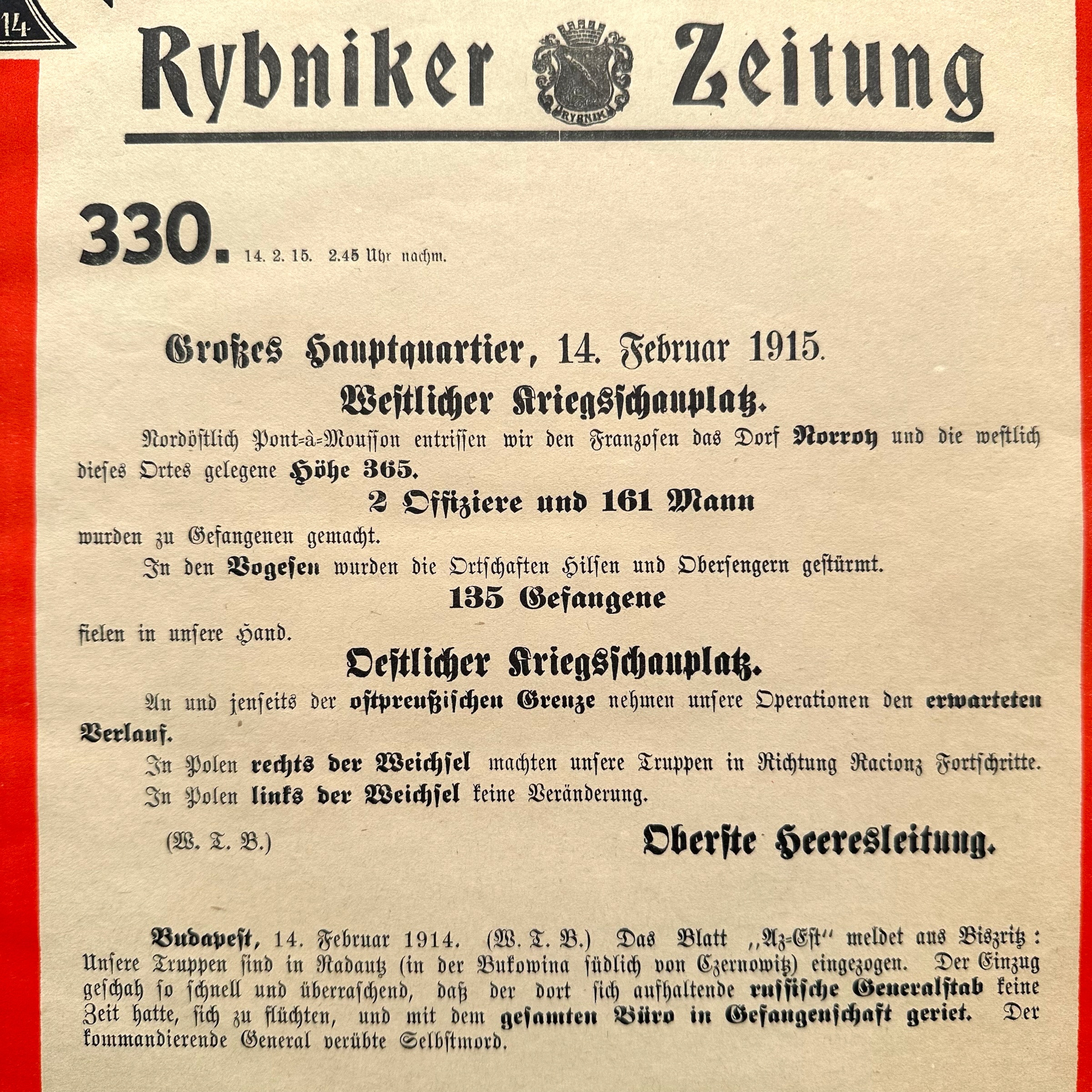 Original WW1 German Army Rybniker Zeitung War Bulletin No. 330 – 14 February 1915