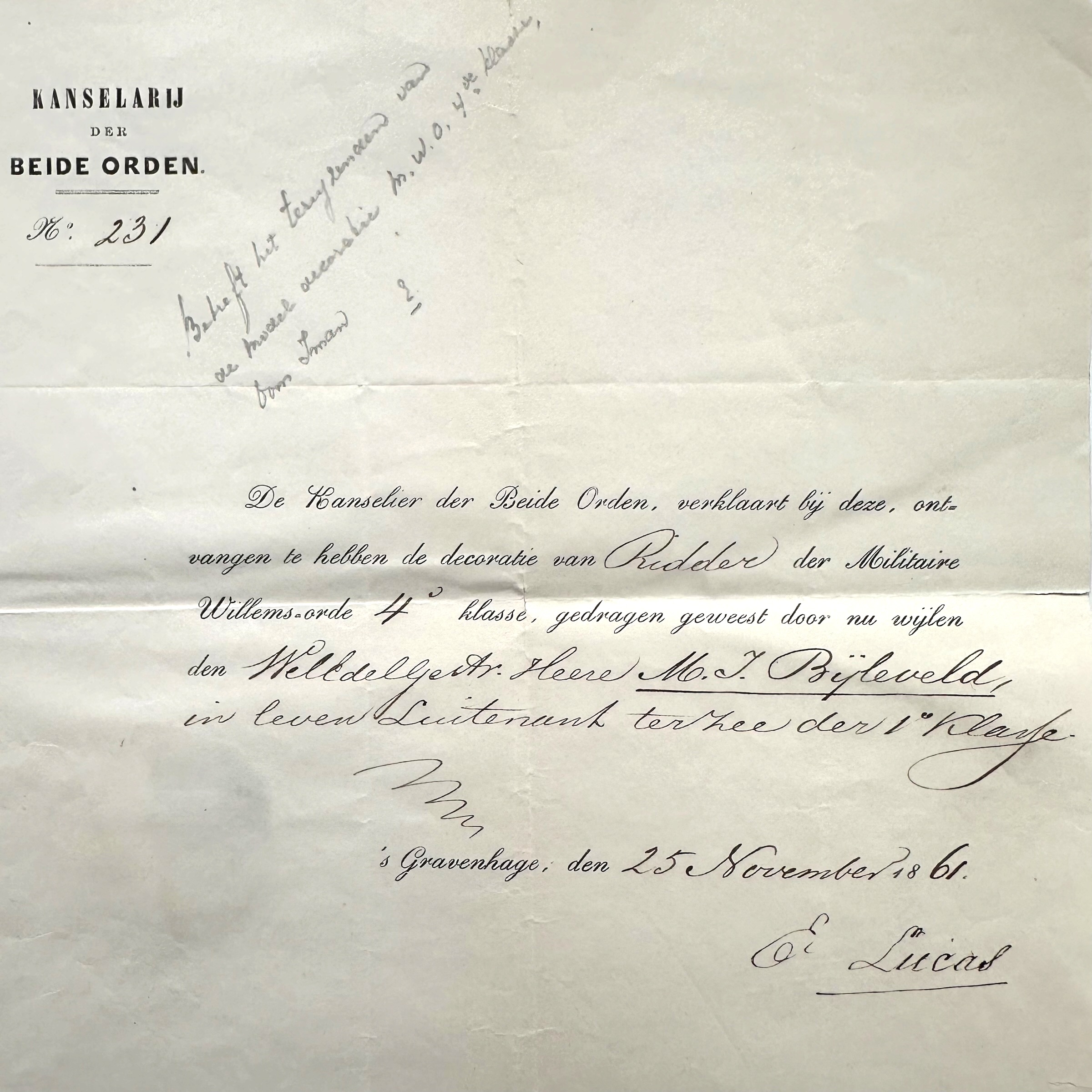 Original 1861 Dutch Military William Order 4th Class Decoration Certificate – Lieutenant at Sea M.J. Bijleveld