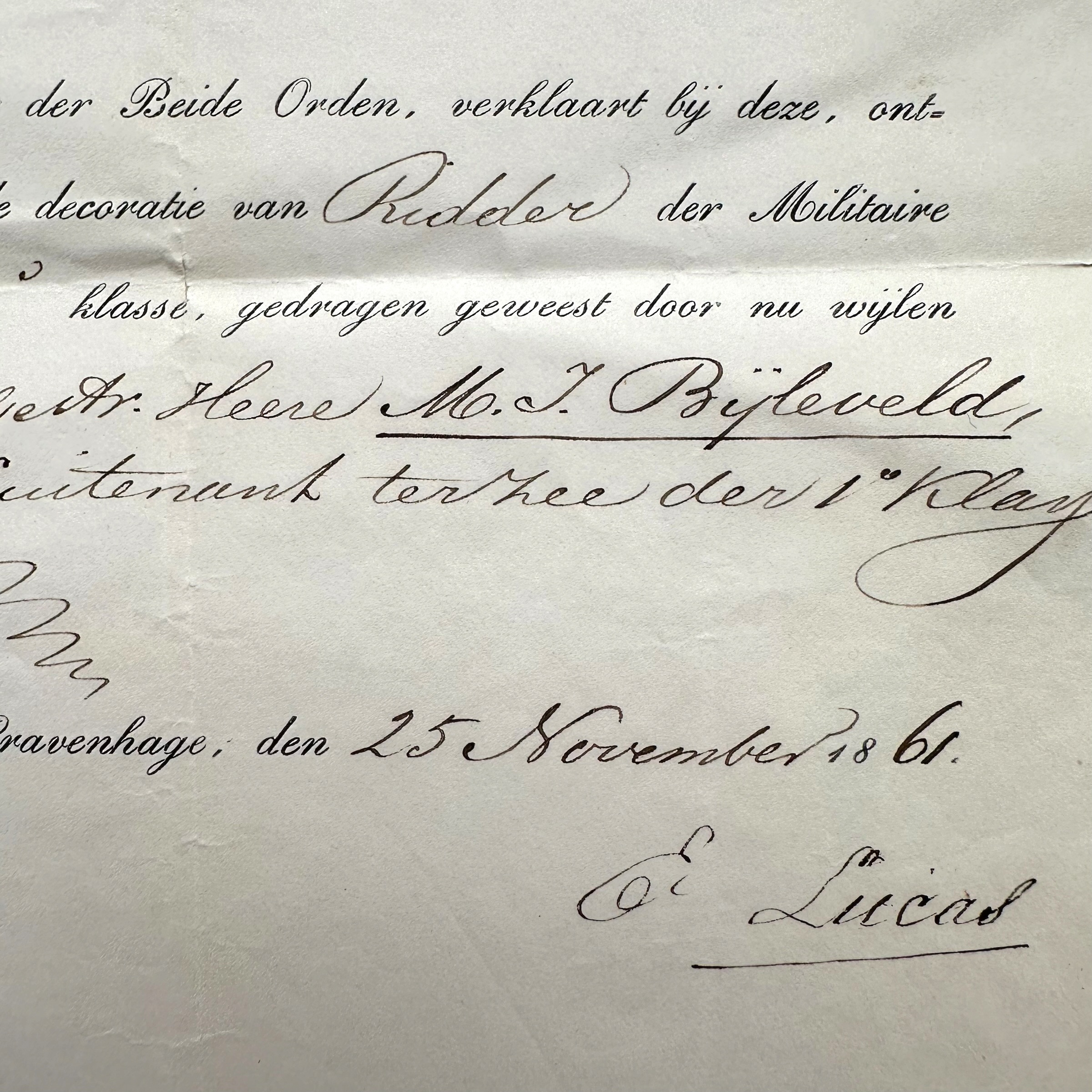 Original 1861 Dutch Military William Order 4th Class Decoration Certificate – Lieutenant at Sea M.J. Bijleveld