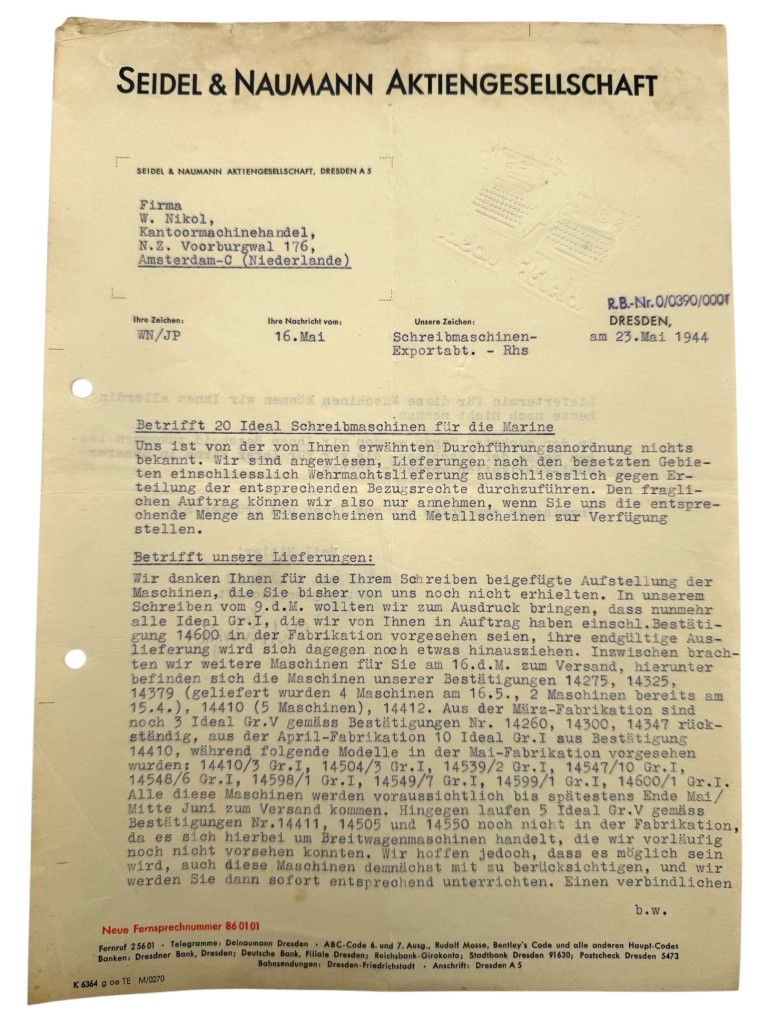 Original WWII German Seidel & Naumann Typewriter Documents Kriegsmarine Wehrmacht Amsterdam 1944 - Image 4