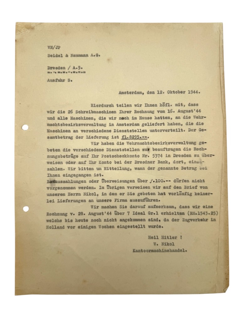Original WWII German Seidel & Naumann Typewriter Documents Kriegsmarine Wehrmacht Amsterdam 1944 - Image 2