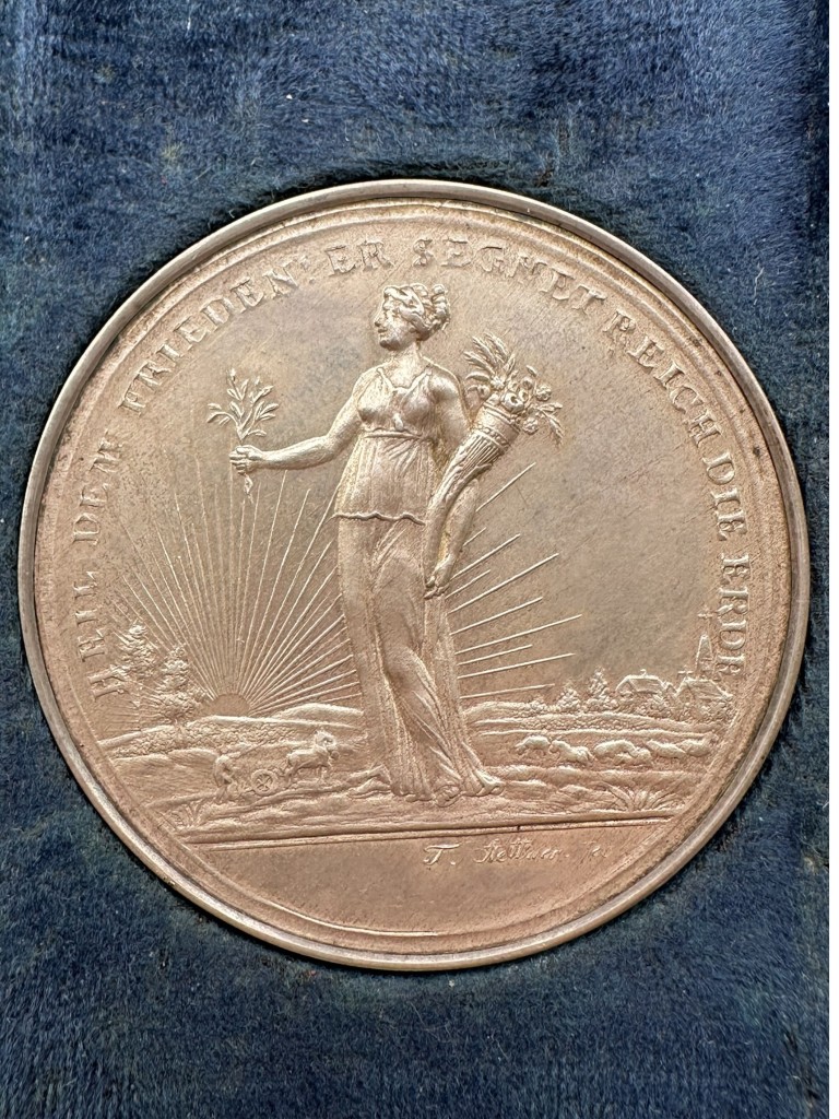 Original 1815 Napoleonic Wars Silver Steckmedaille by Johann Thomas Stettner with Hand-Coloured Prints, Booklet & Original Case - Afbeelding 6