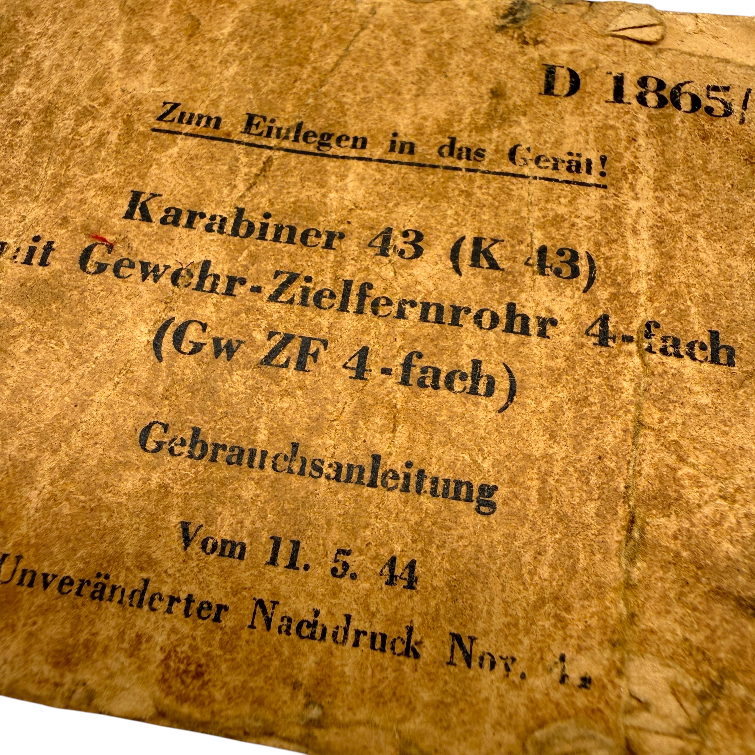 Original WWII German Karabiner 43 K43 Sniper Rifle 4x Scope Manual D 1865/2 1944