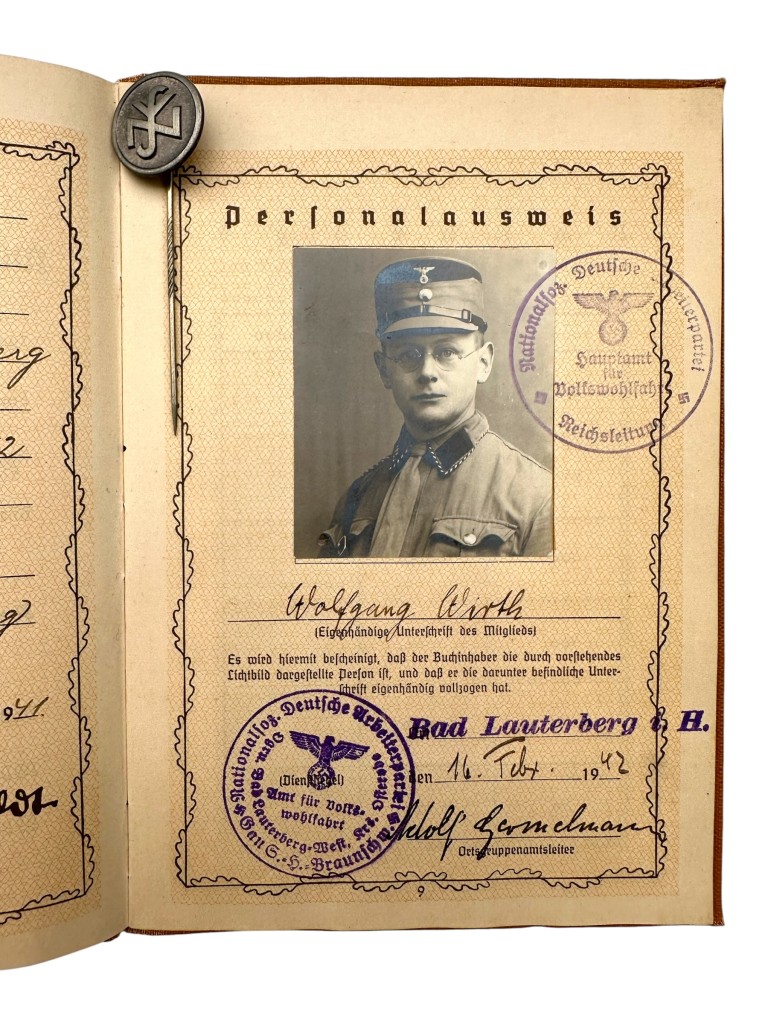 Original WWII German NS-Volkswohlfahrt NSV Membership Grouping Wolfgang Wirth with documents and stickpin - Bad Lauterberg