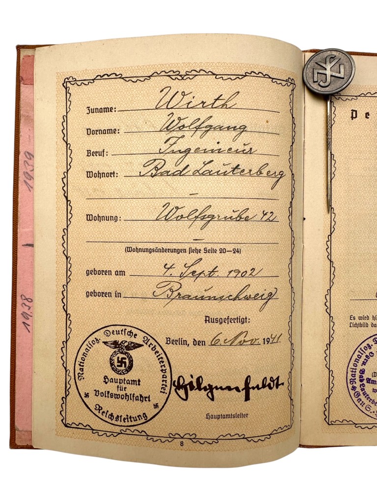 Original WWII German NS-Volkswohlfahrt NSV Membership Grouping Wolfgang Wirth with documents and stickpin - Bad Lauterberg