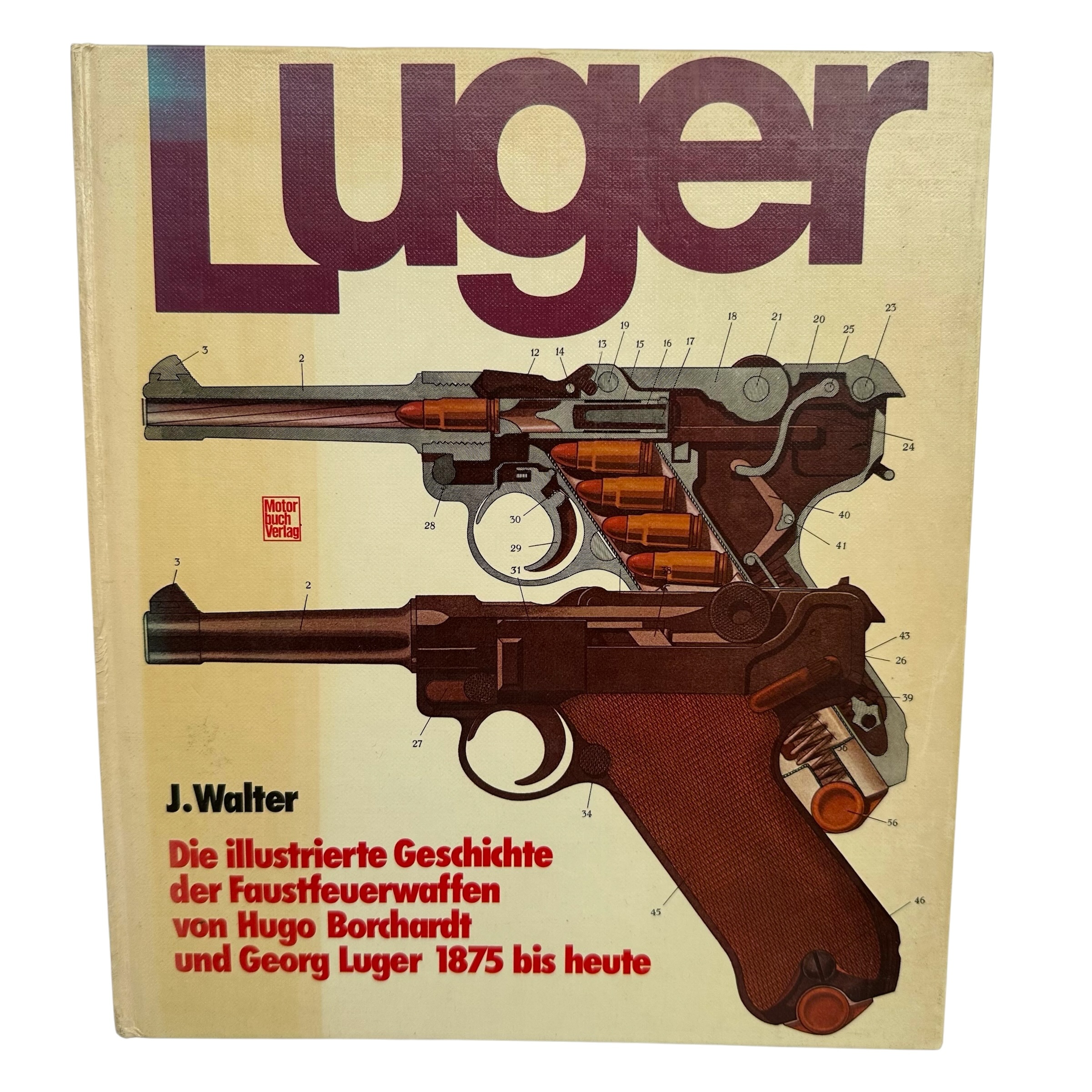 German Luger reference book by J. Walter from 1982 covering Borchardt, Parabellum and Luger pistols, extensively illustrated with photos and drawings.