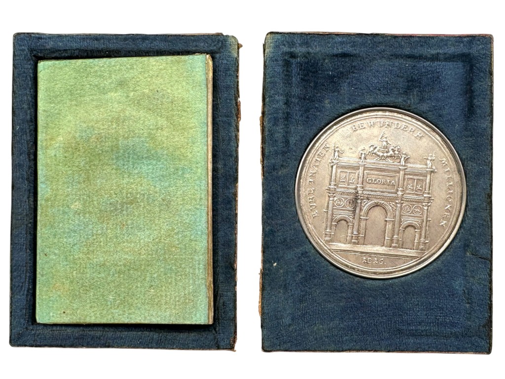 Original 1815 Napoleonic Wars Silver Steckmedaille by Johann Thomas Stettner with Hand-Coloured Prints, Booklet & Original Case