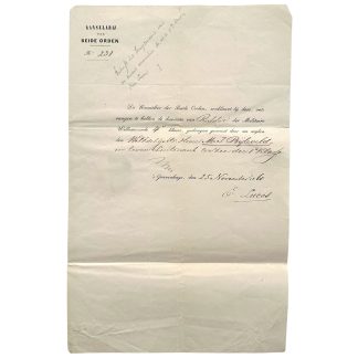 Originele Nederlandse Militaire Willems-Orde 4e klasse verklaring 1861 M.J. Bijleveld Luitenant ter Zee met omslag en lakzegel Kanselarij Beide Orden