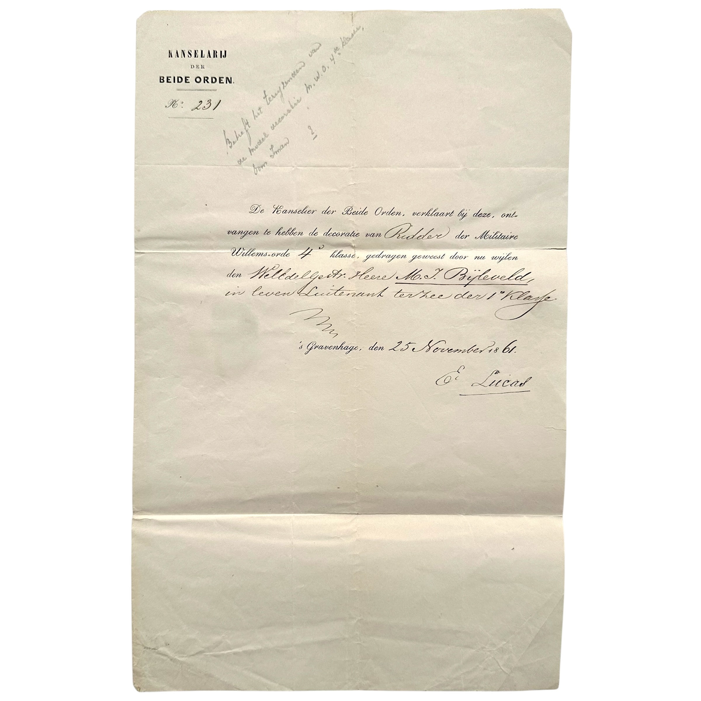 Originele Nederlandse Militaire Willems-Orde 4e klasse verklaring 1861 M.J. Bijleveld Luitenant ter Zee met omslag en lakzegel Kanselarij Beide Orden