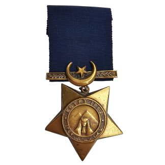 Original 1882 Egyptian Khedive's Star bronze campaign medal with Sphinx, pyramids and blue ribbon for British and Egyptian military forces.
