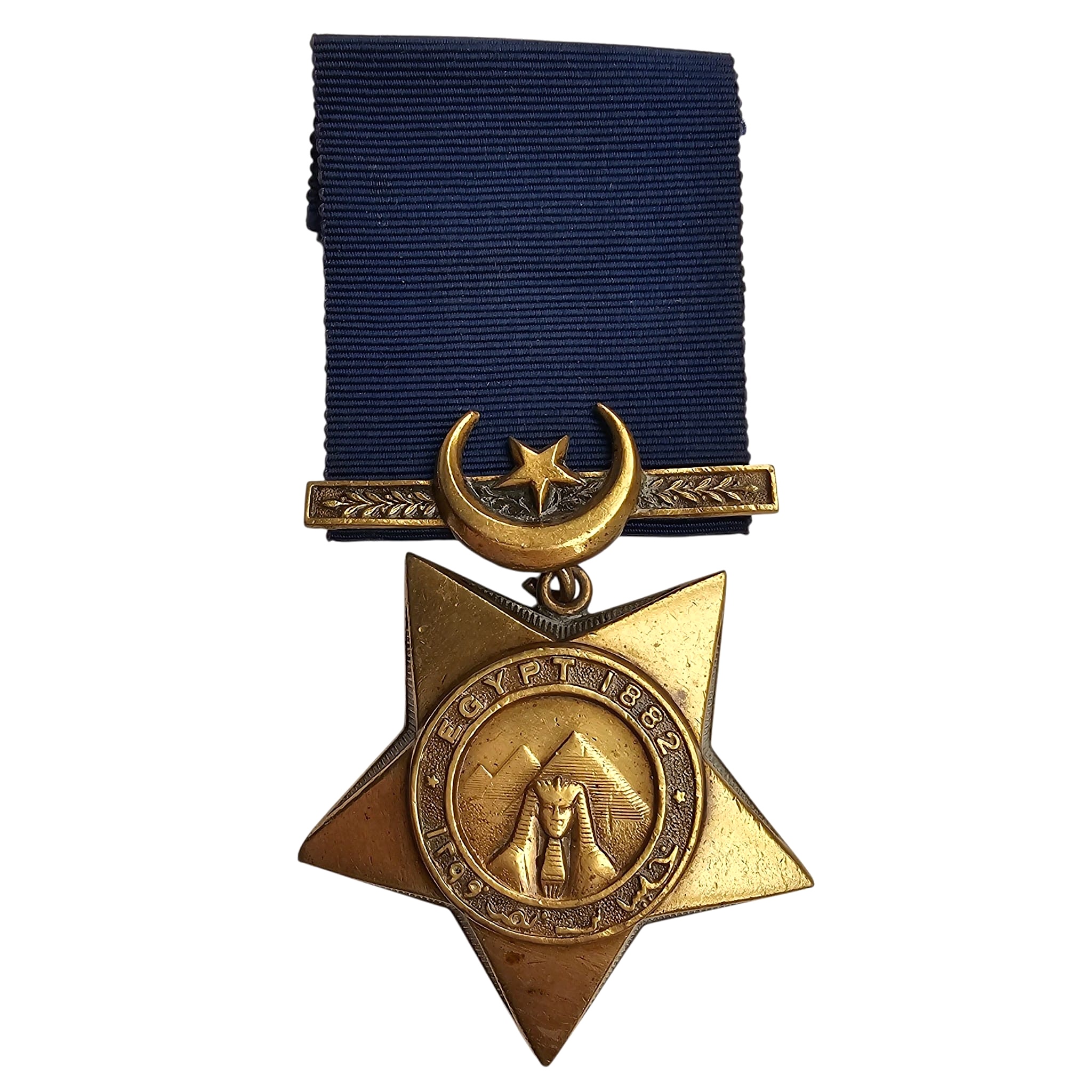 Original 1882 Egyptian Khedive's Star bronze campaign medal with Sphinx, pyramids and blue ribbon for British and Egyptian military forces.