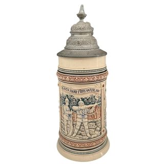 Original 1896 Imperial German Army reservist beer stein Infantry Regiment No. 39 with soldier scenes, Iron Cross and pewter lid