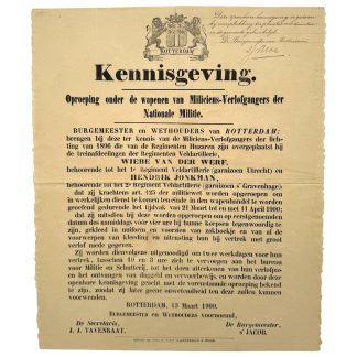 Originele Nederlandse militaire kennisgeving Rotterdam 1900 Nationale Militie veldartillerie oproepingsposter 41 x 35 cm.